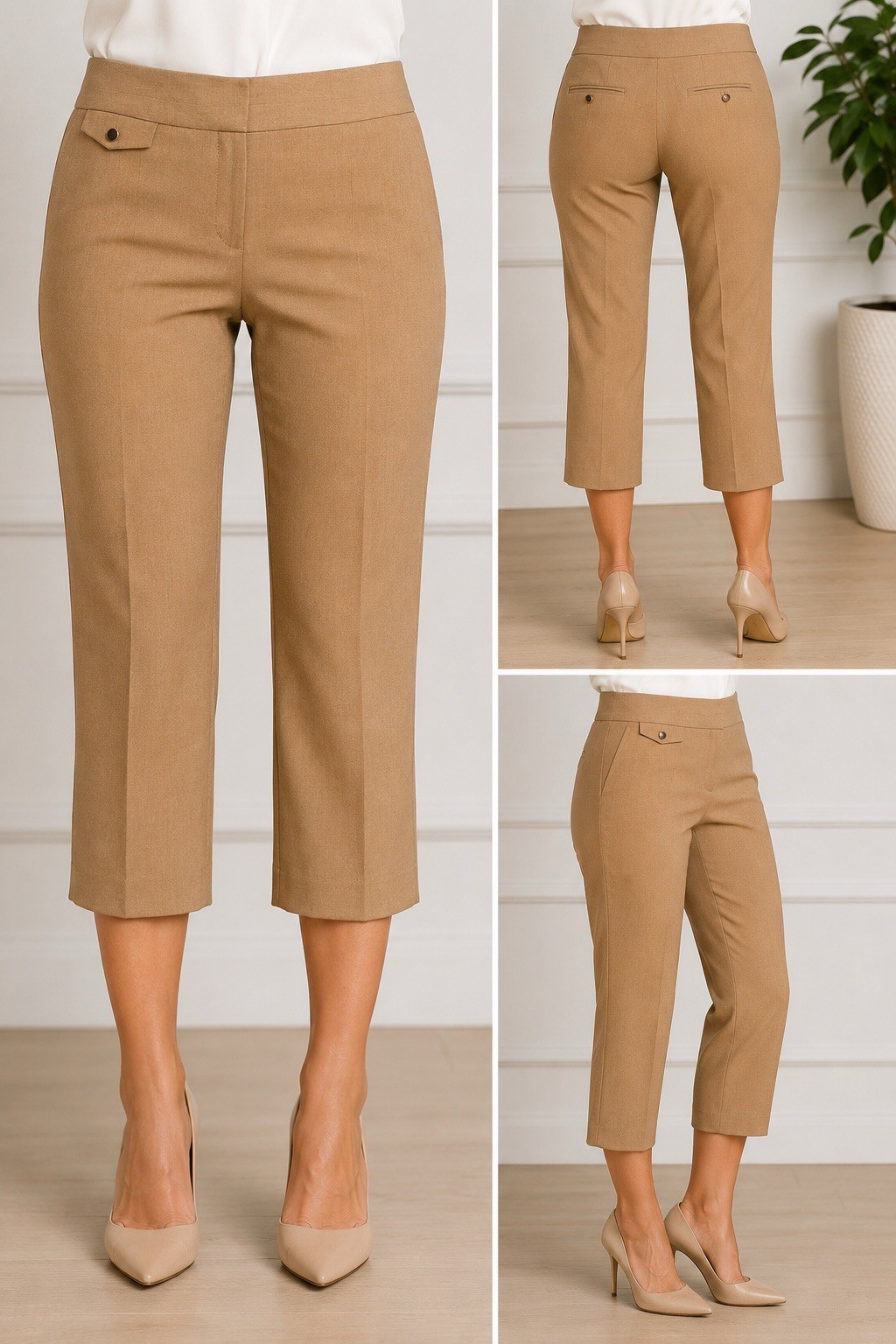 Worthington Women’s Tan Twill Capri Pants Slim Straight Leg Stretch Mid Rise