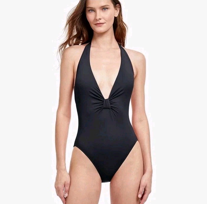 Gottex Classics Liv Halter Deep Plunge V-Neck One-Piece, Women’s Size 8, Black