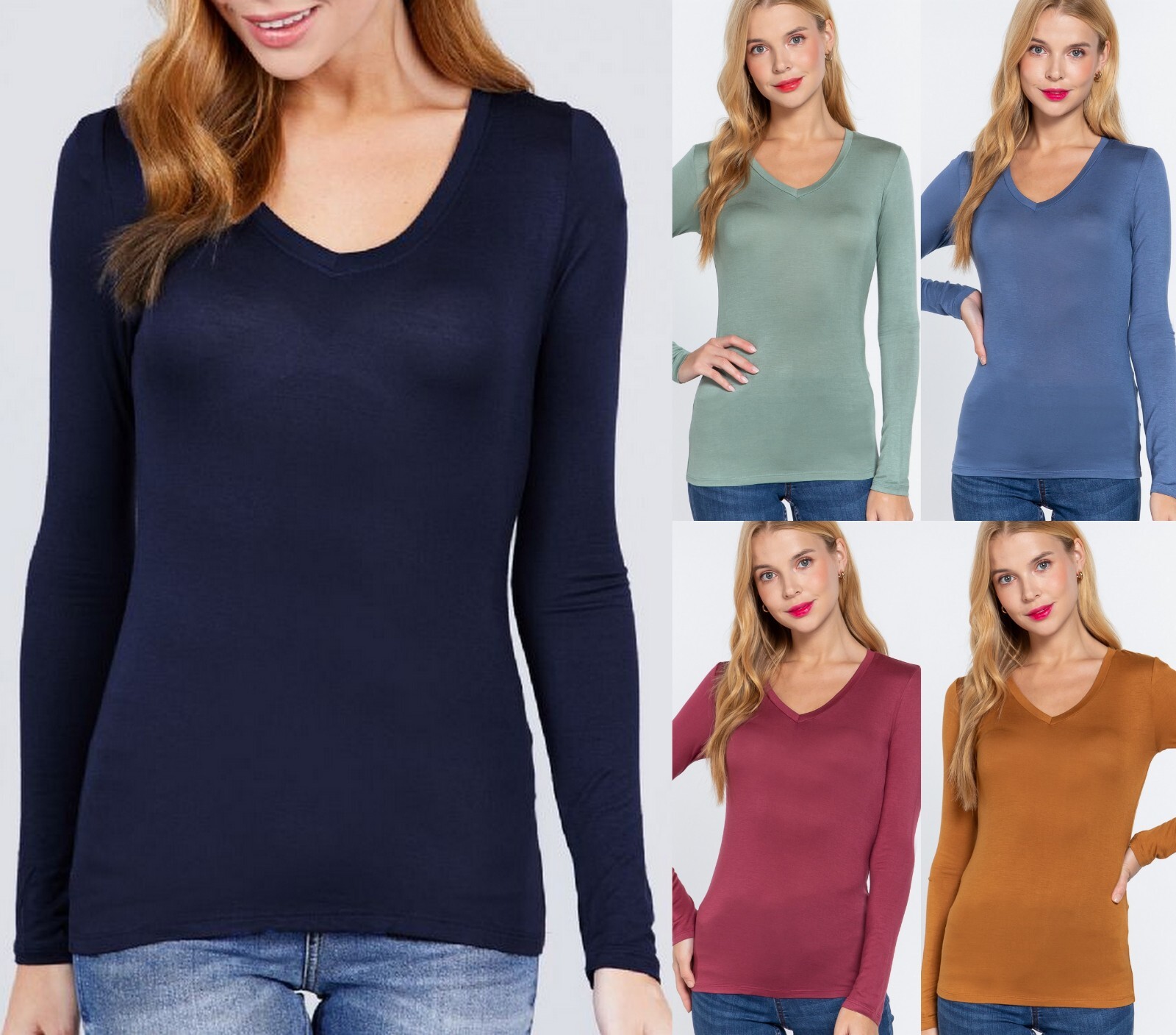 Womens V Neck Rayon Long Sleeve Top Soft Stretch Classic Fitted Lighweight Shirt