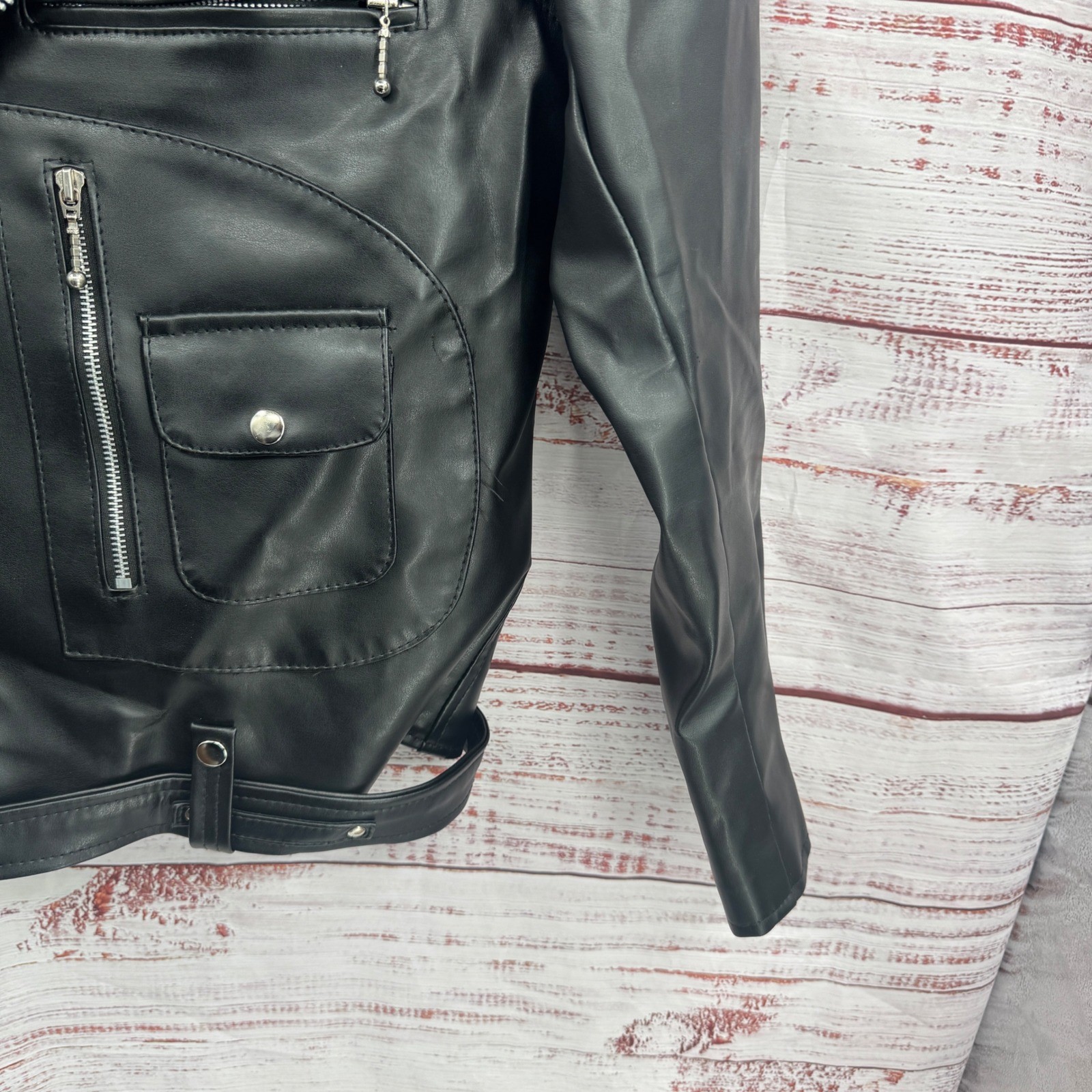 Straight to Hell Moto Jacket Large Black Faux Leather Red Quilted Lined Belted
