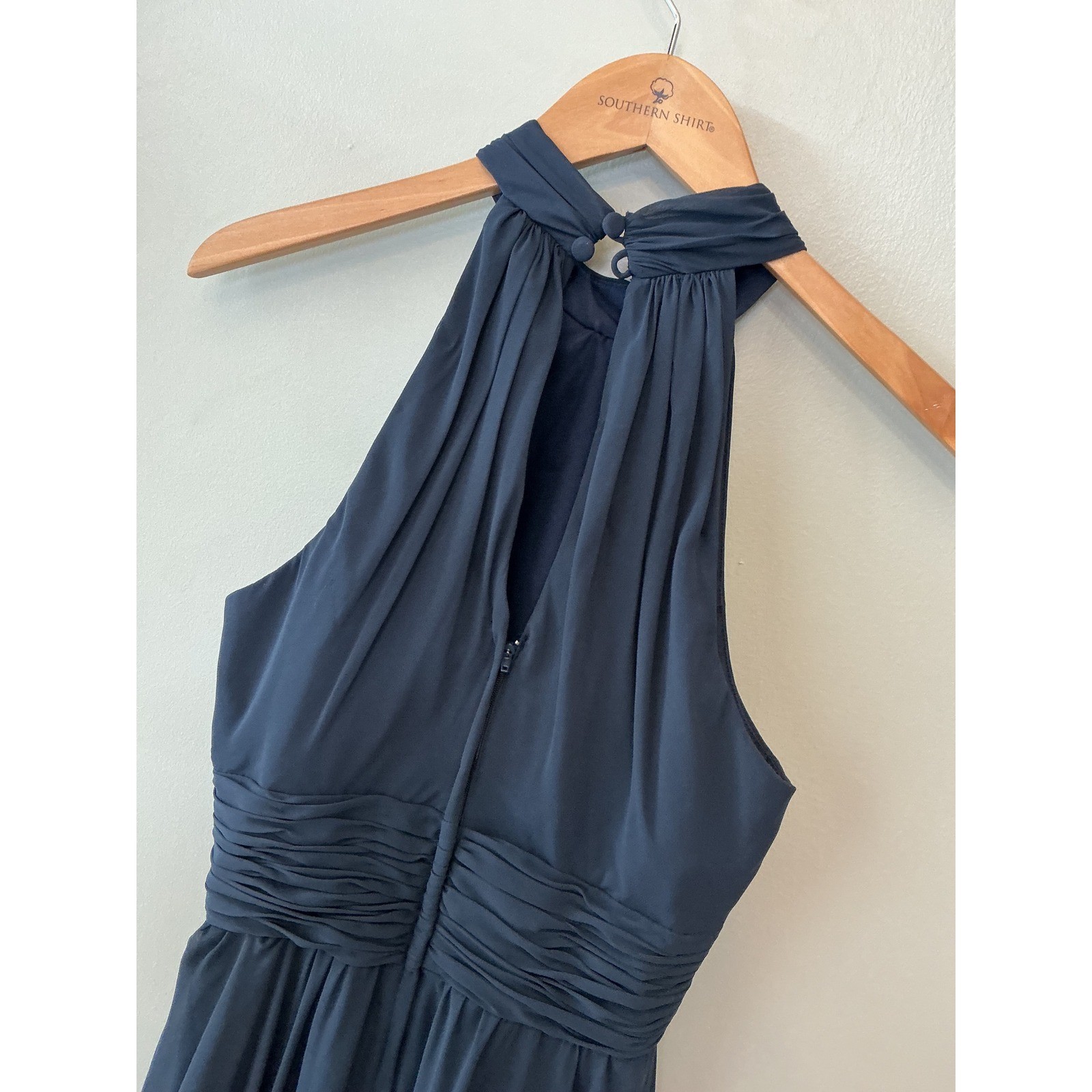Mori Lee Madeline Gardner Navy Blue Chiffon Halter Neck Evening Gown Dress 8