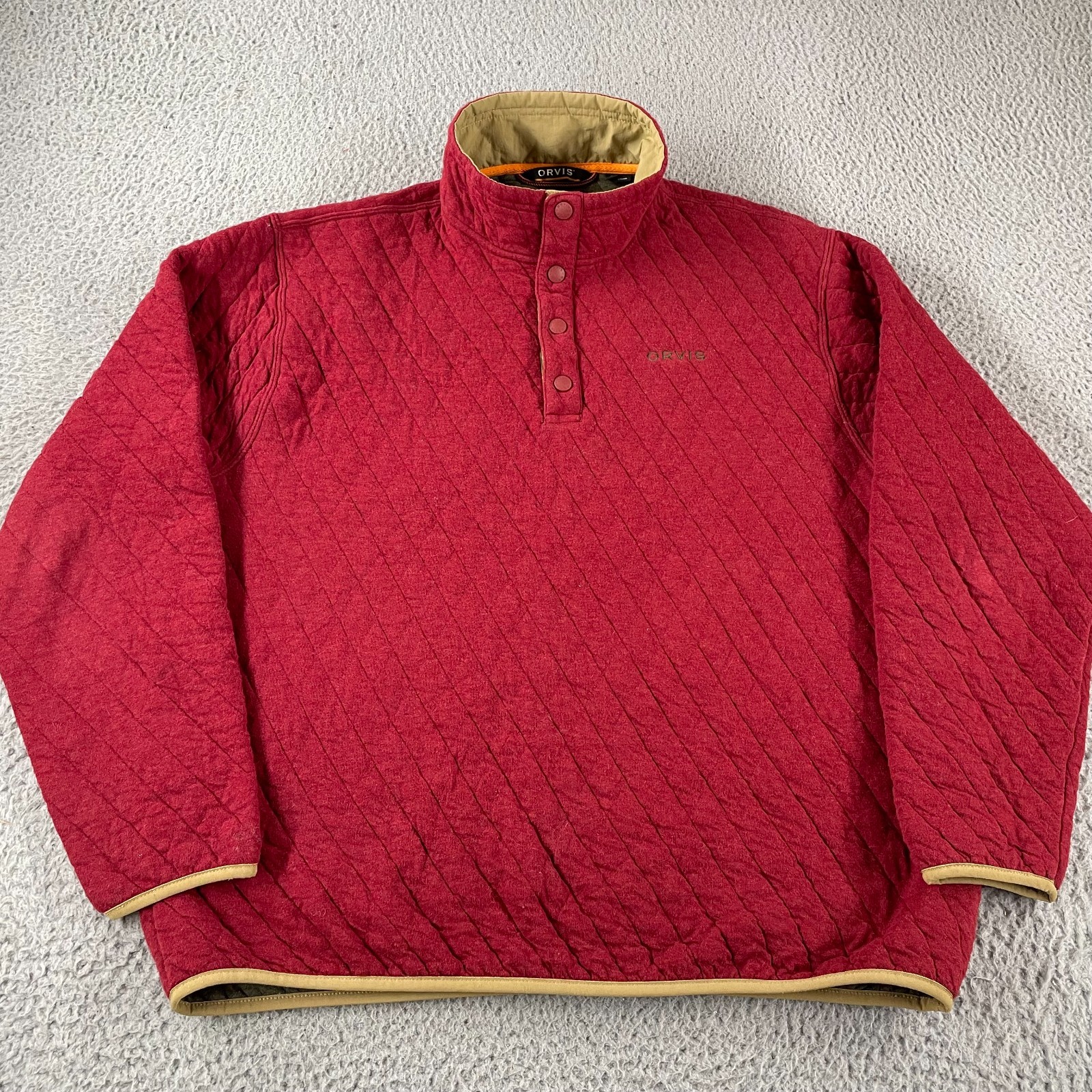 Orvis Pullover Men Large Red Quilted 1/4 Zip Snap Outdoors Hiking Pockets Casual