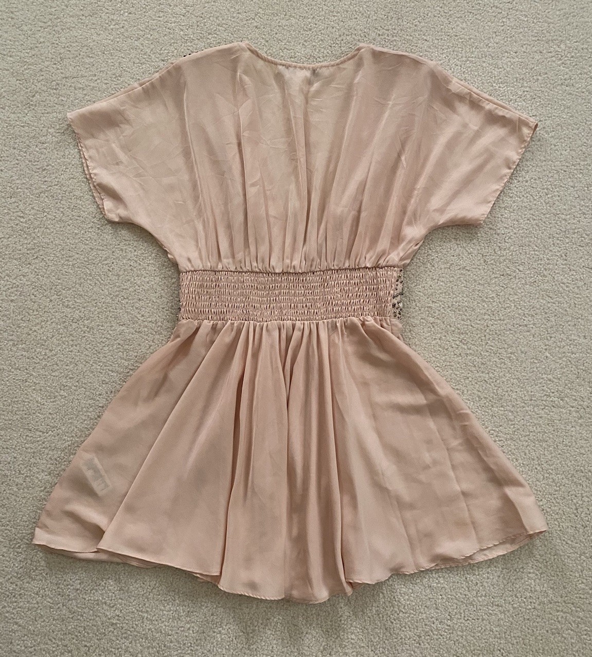 Forever 21 Peach Beaded Romantic Ethereal Babydoll V-Neck Top Short Sleeve ~ S