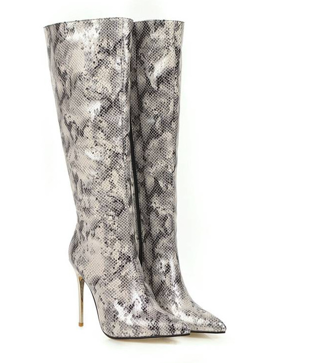 Plus Size Womens Pointy Toe Snake Pattern Stiletto Heels Knee High Boots Fashion