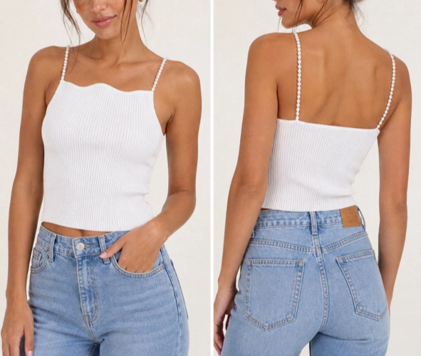 MUSIER Paris Ivory Ribbed Pearl Strap Cropped Tank Top sz.38