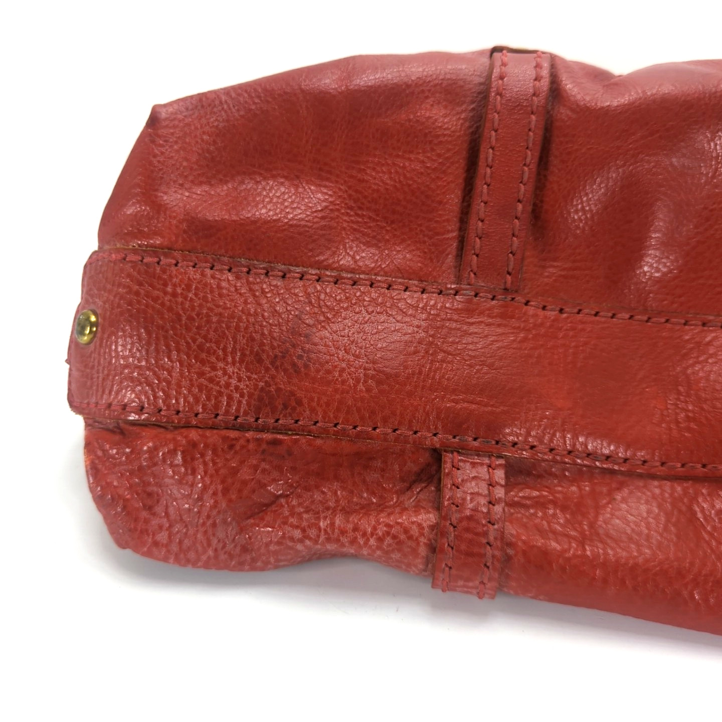 Fossil Fifty Four Handbag Double Handle Red/Tan Gold Tone Hardware 9″H Used