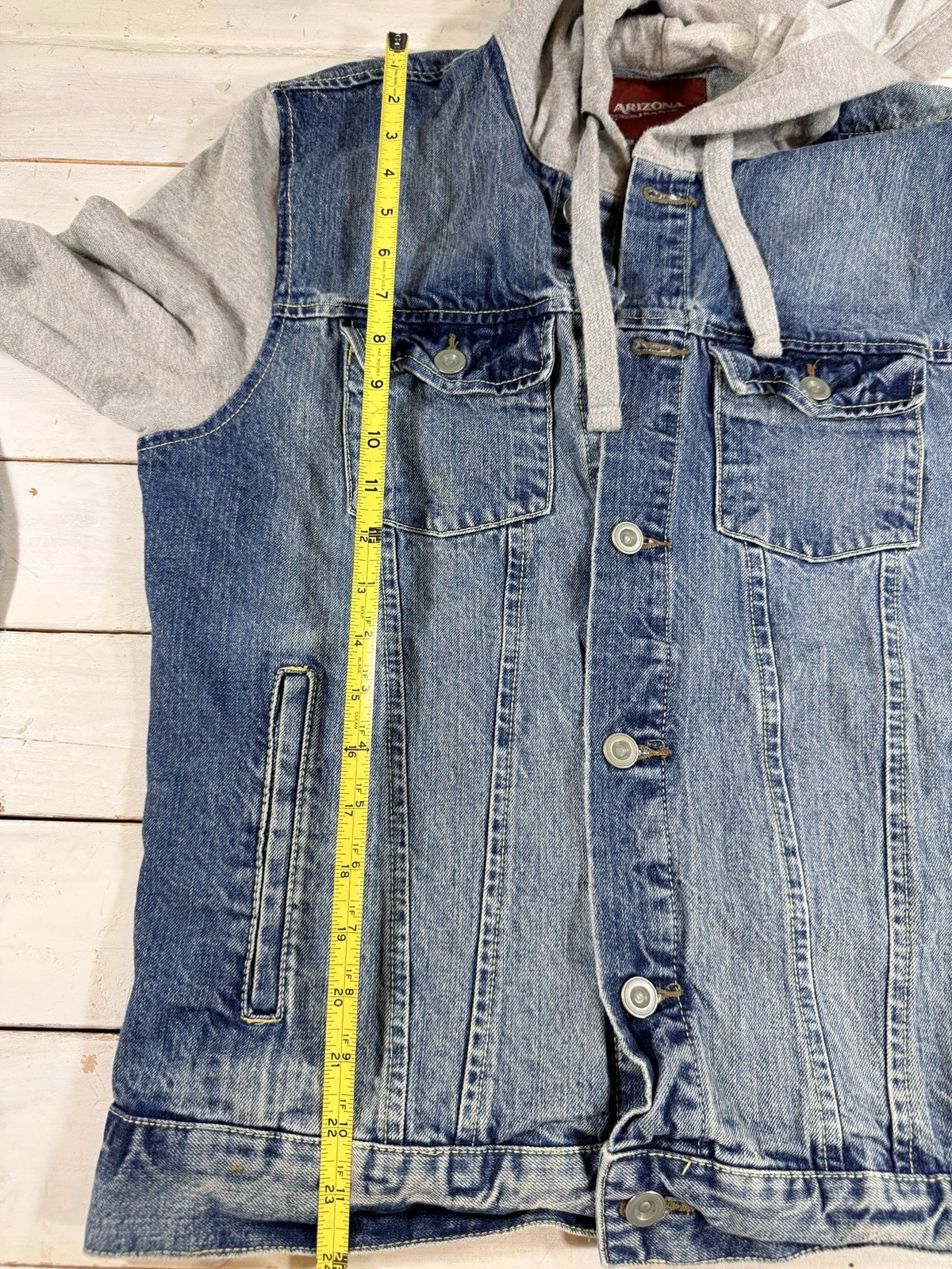 Arizona Jean Hooded Jacket Sz S Denim Button Up Blue Hybrid Trucker Distressed