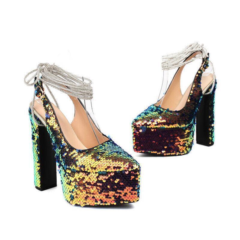 Women Sequin Platform Slingback Square Toe Block High Heel Buckle Pumps shoes