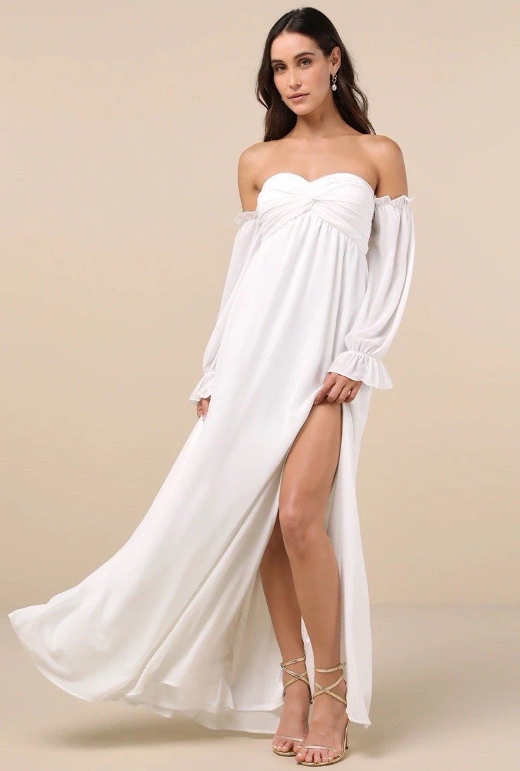Lulus White Solid Chiffon Maxi Dress Off-Shoulder M