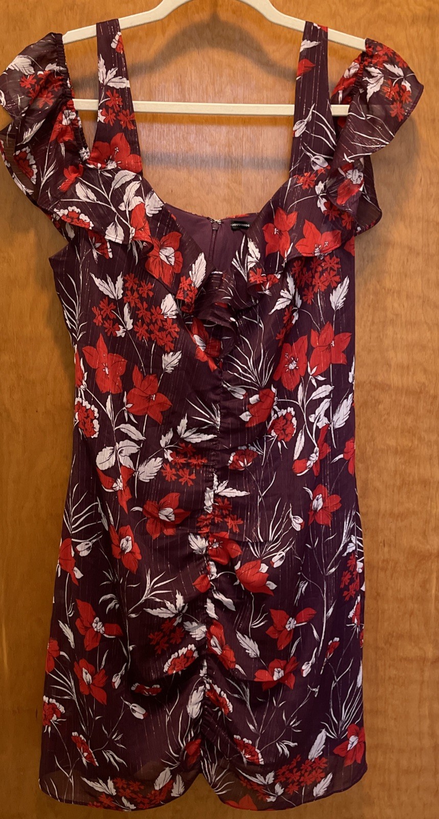 GUESS Tess Crimson Garden Floral Metallic Print Cold Shoulder Dress 10 NWT $108