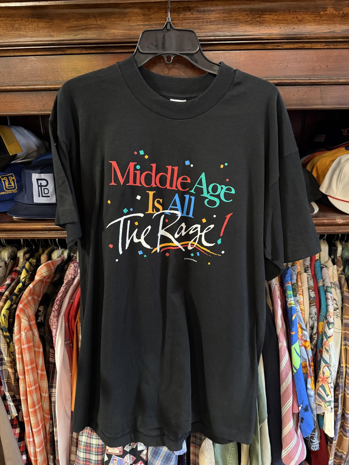 Vintage Fruit Of The Loom Shirt Mens XL Black Middle Age Funny Graphic USA 90s