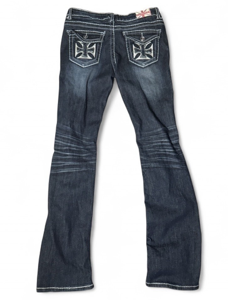 Machine Y2K Distressed Cross Patch Dark Wash Bootcut Jeans