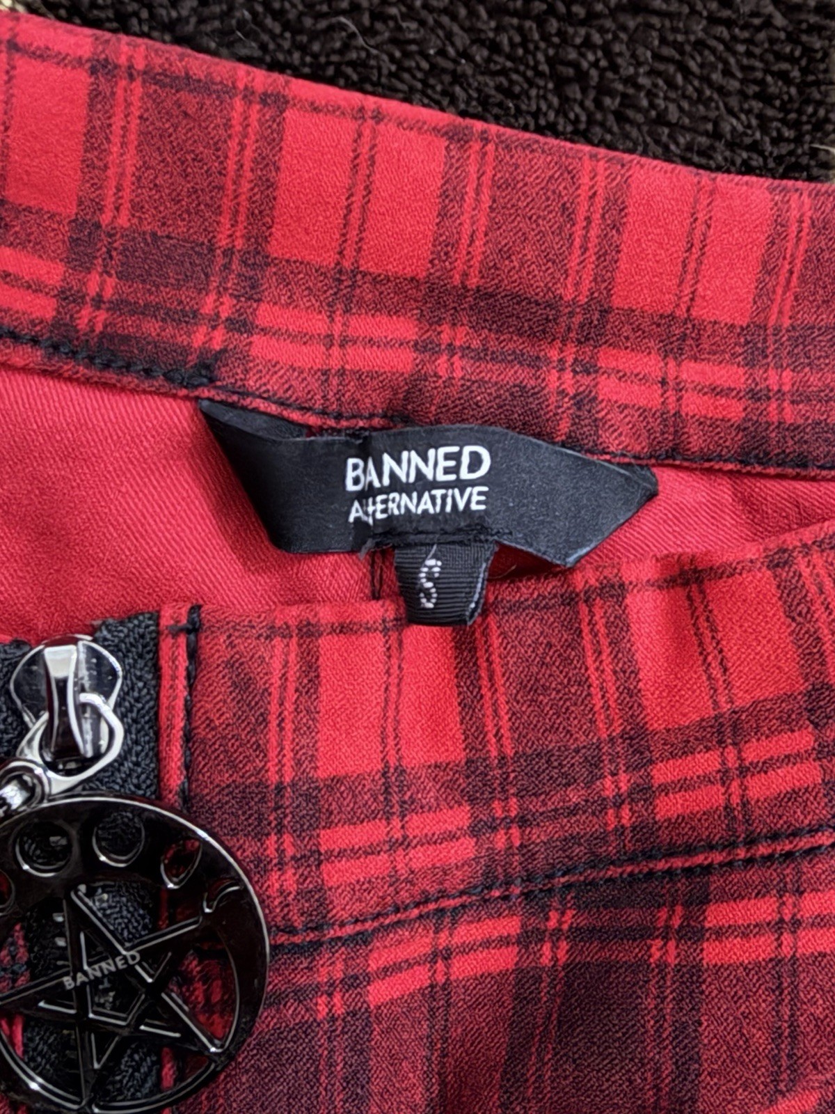 Banned Alternative Red Plaid Pants Gothic Punk Grunge Pentagram Zipper Skinny S