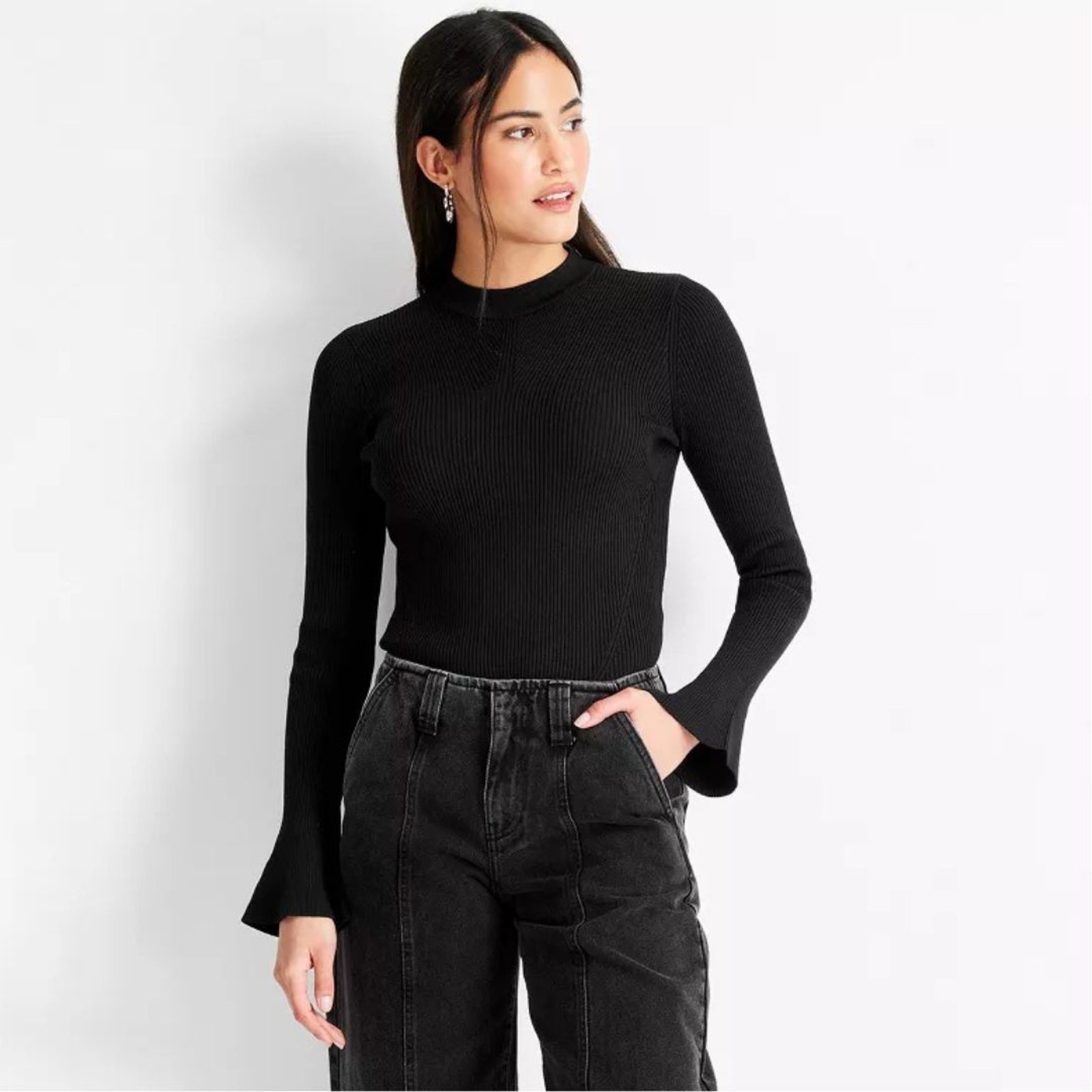 Future Collective Women’s Black Ribbed Long Sleeve Flared Sleeves Top Size M