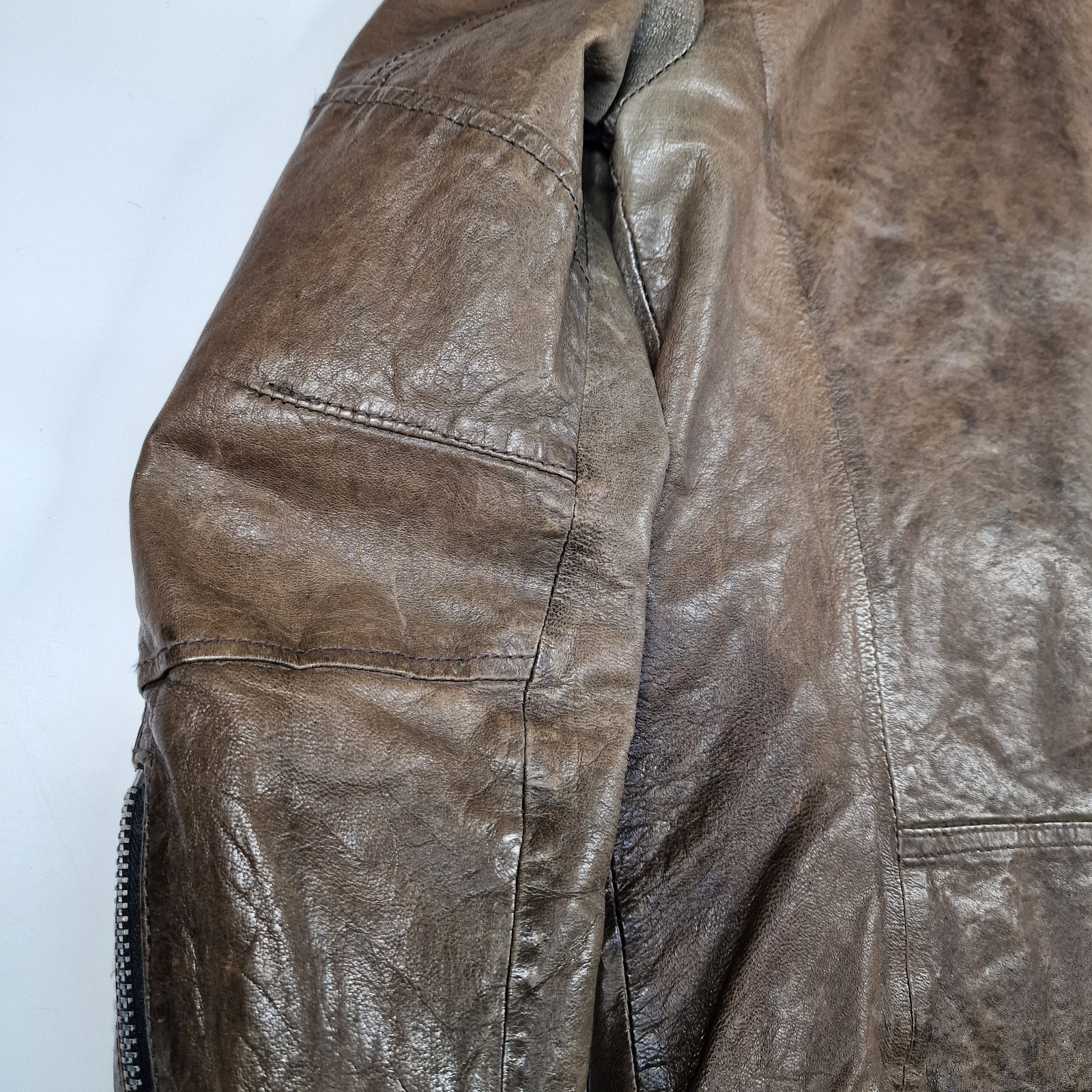 AllSaints Spitalfields Brown Distressed Leather Biker Jacket Mens Medium Pockets