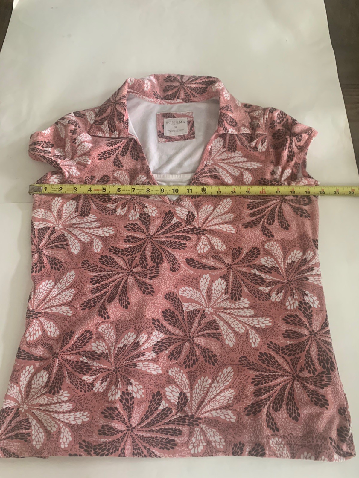 Sonoma Womens XL Pink Floral Top Short Sleeve Johnny Collar V-Neck Blouse Casual