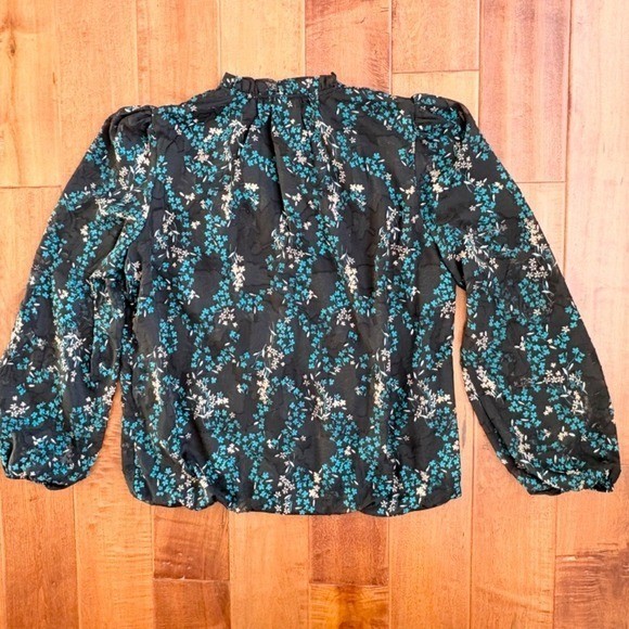 Tamara H. Floral Blouse Ruffle Neck Long Sleeve, Women L Black Teal