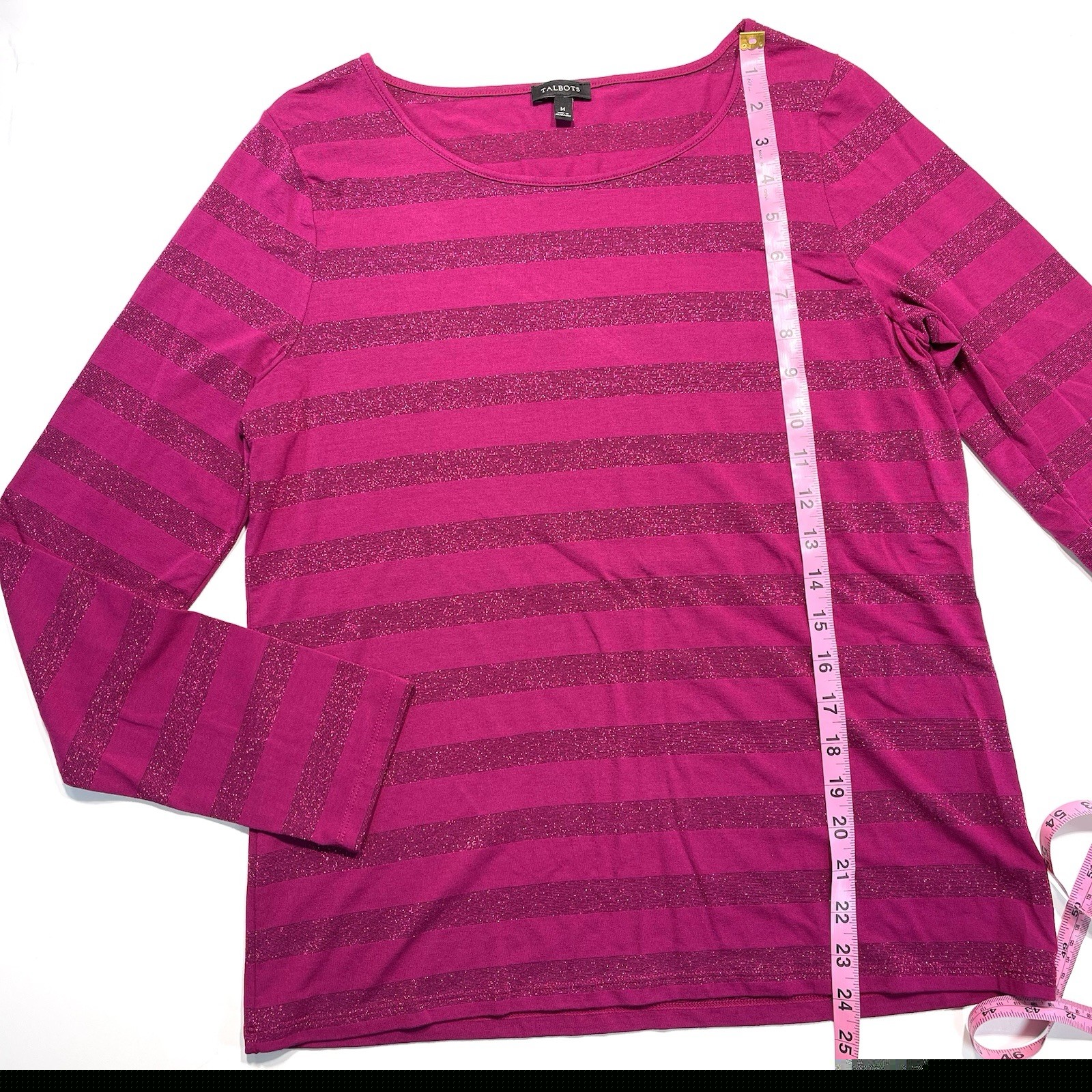 Talbots Long Sleeve Pink Striped Top Solid And Metallic Size Medium