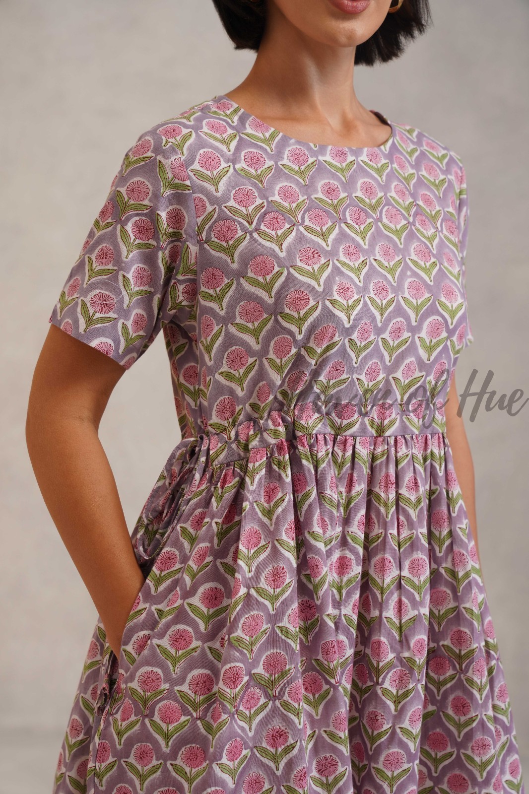 Partywear Bohemian Cotton Midi Dress: Hand Block Print, Adjustable Waist Ties