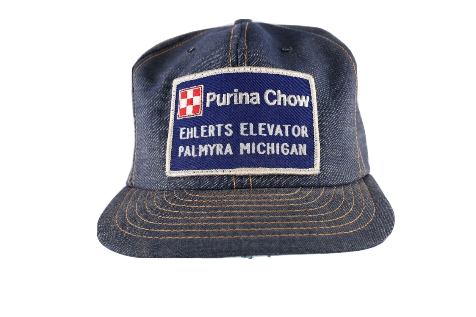 Vintage 70s Louisville MFG Co Purina Chow Spell Out Denim Snapback Hat Blue USA