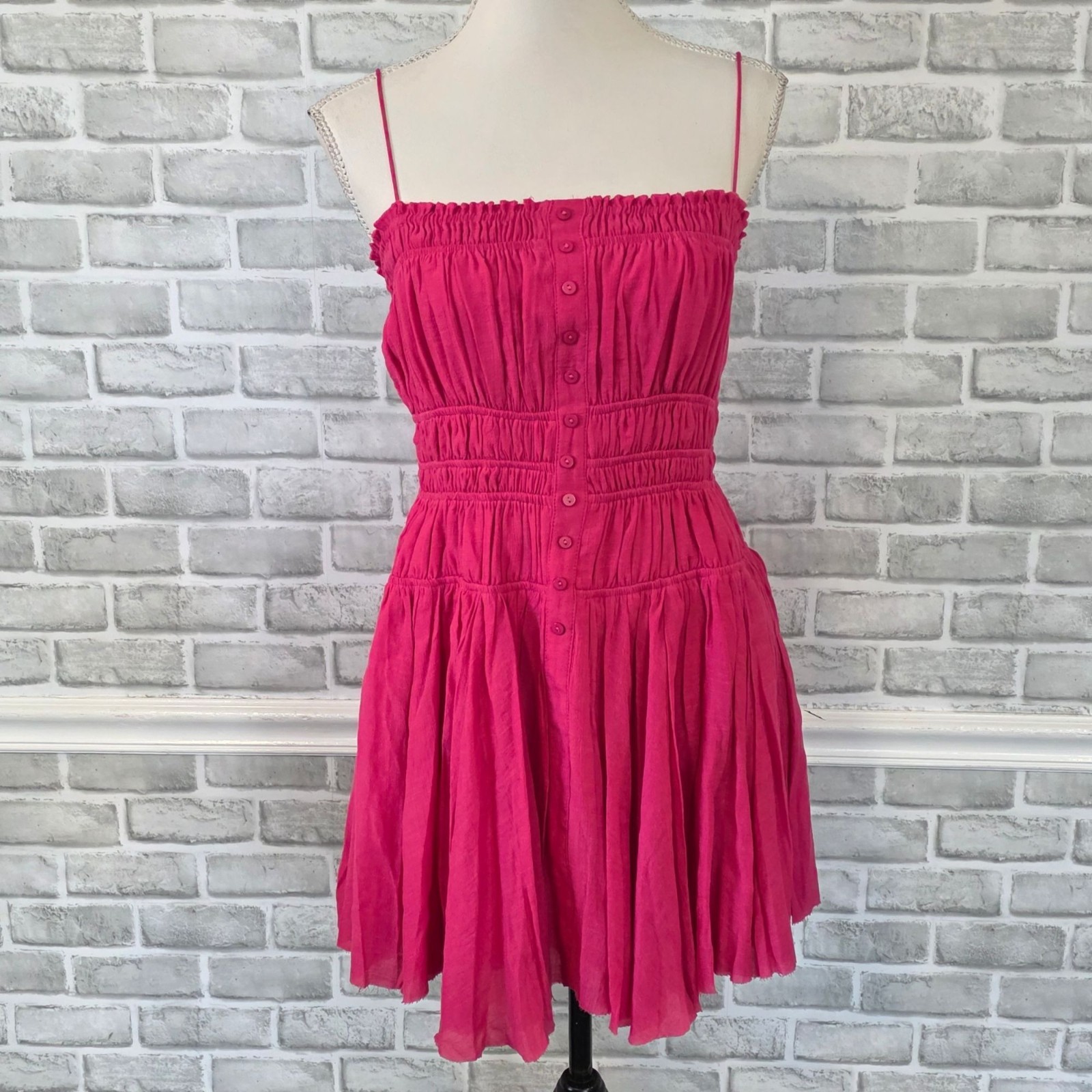 Peach Love Smocked Magenta Muslin Mini Dress Summer Vacay Sundress Size S