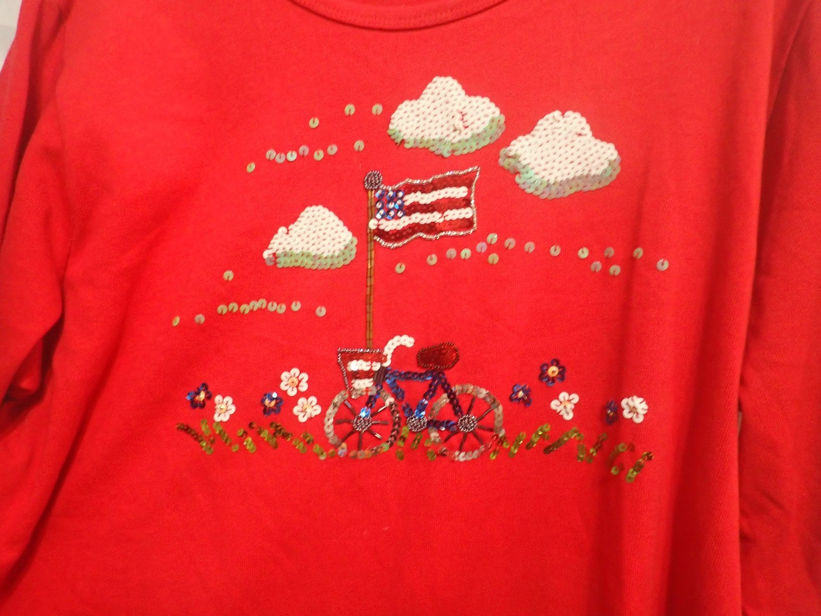Quacker Factory Size 1X July 4th Patriotic Flag Bike Clouds Top 3/4 Sleeve