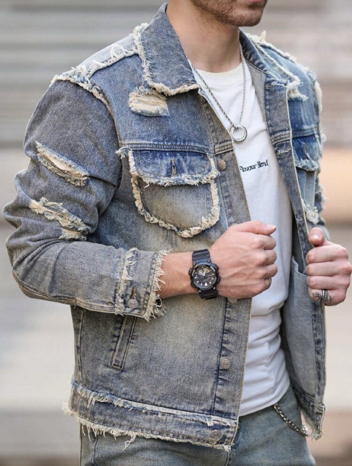 Men’s Washed Denim Jacket Frayed Patchwork Button Up Casual Streetwear Top