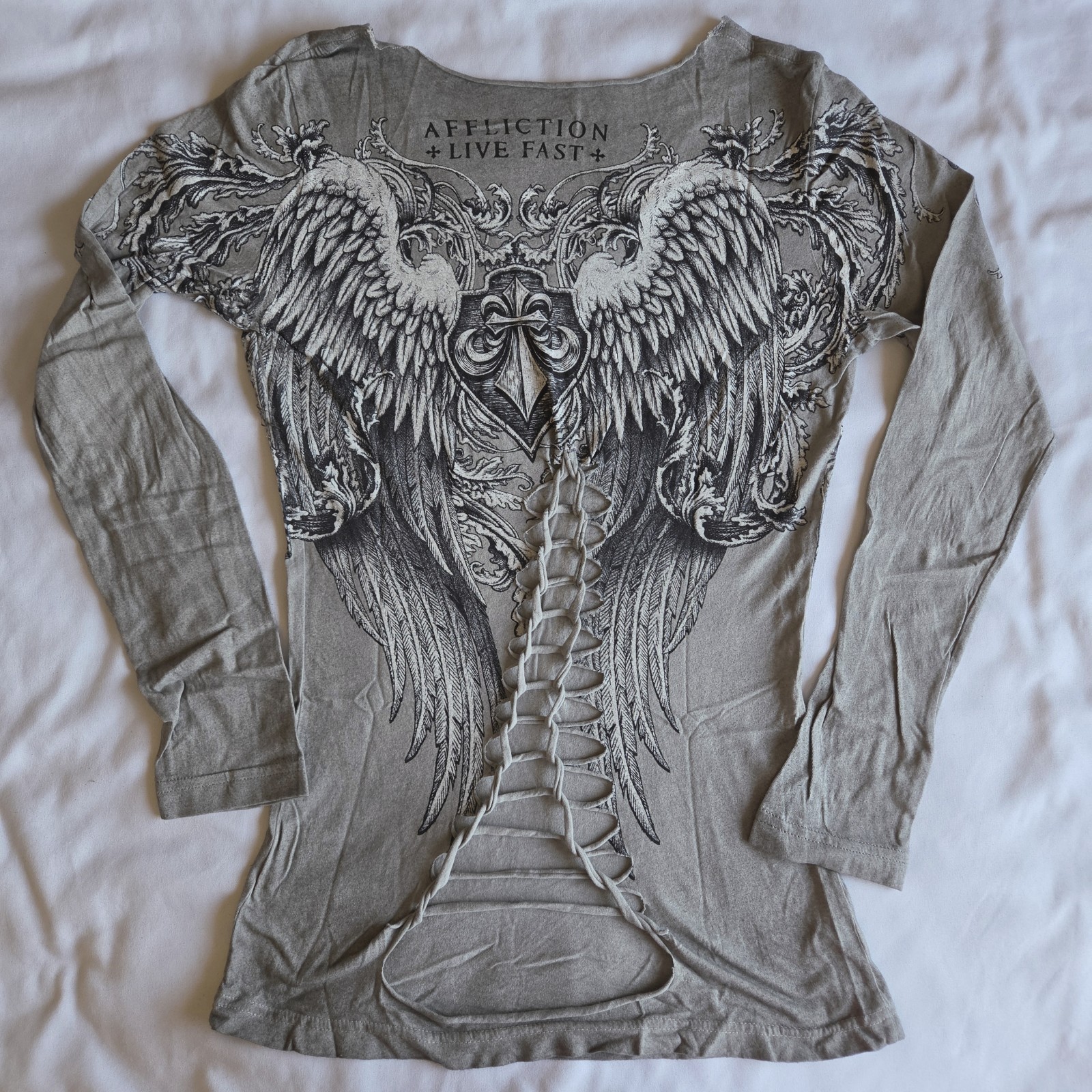 Affliction Flourish Y2K Grunge Biker Wings Grey S Long Sleeve Graphic T-Shirt