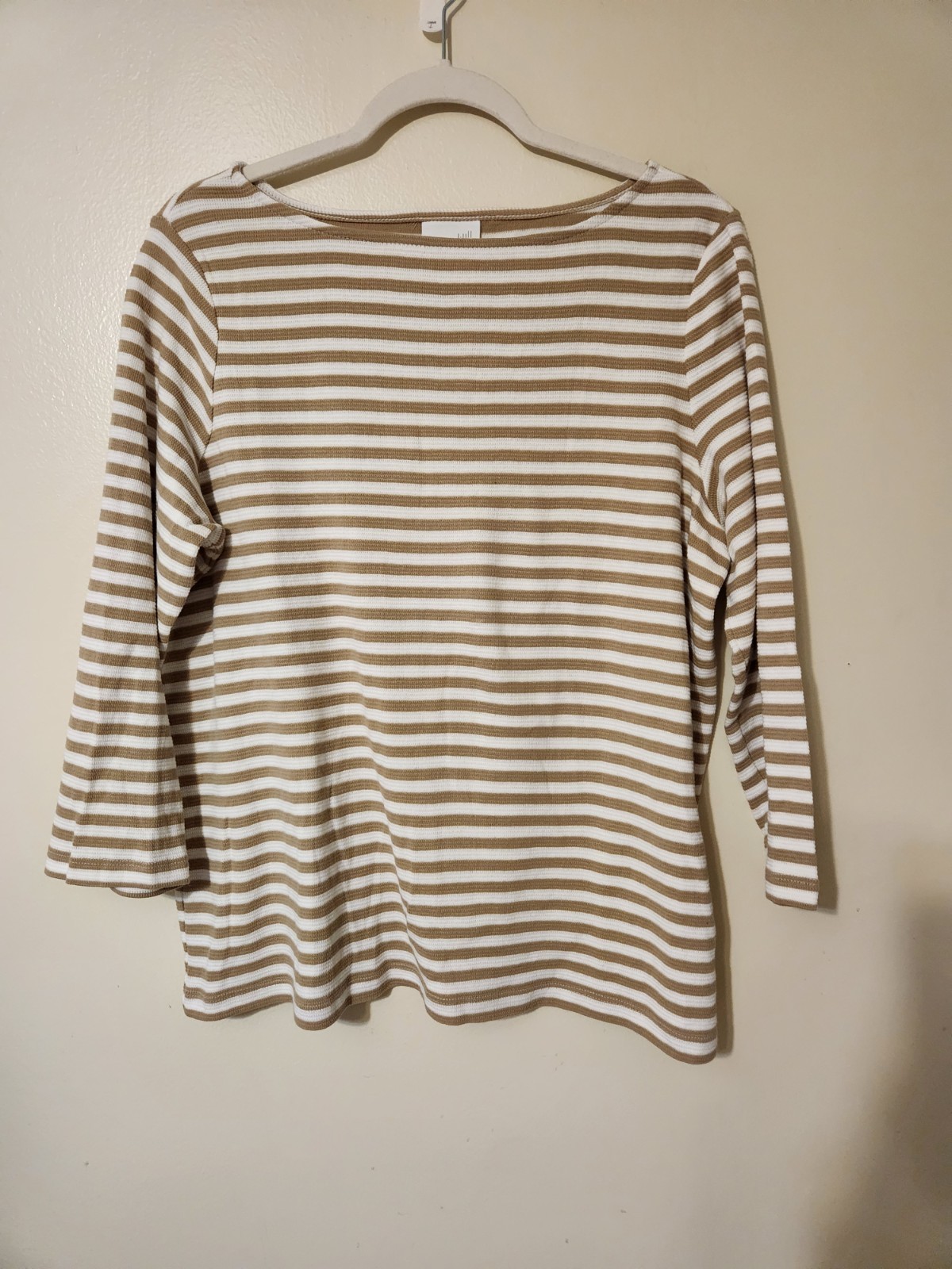 J. Jill Beige Striped Knit Pullover Boatneck Stretch Medium Basic Quiet Luxury