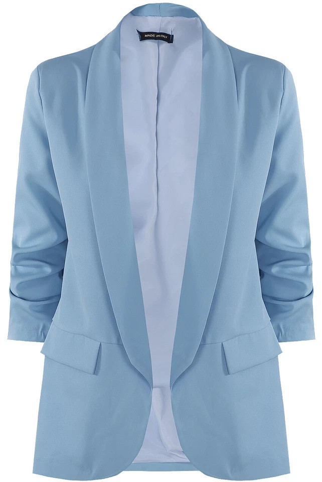 Women Ruched Sleeve Blazer Lined Ladies Collared Office Casual Formal Jacket Top