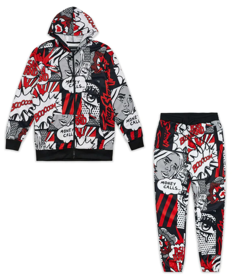 Reason Brand Money Calls Comic Print Track Set Tracksuit 2 Piece Set Size Large