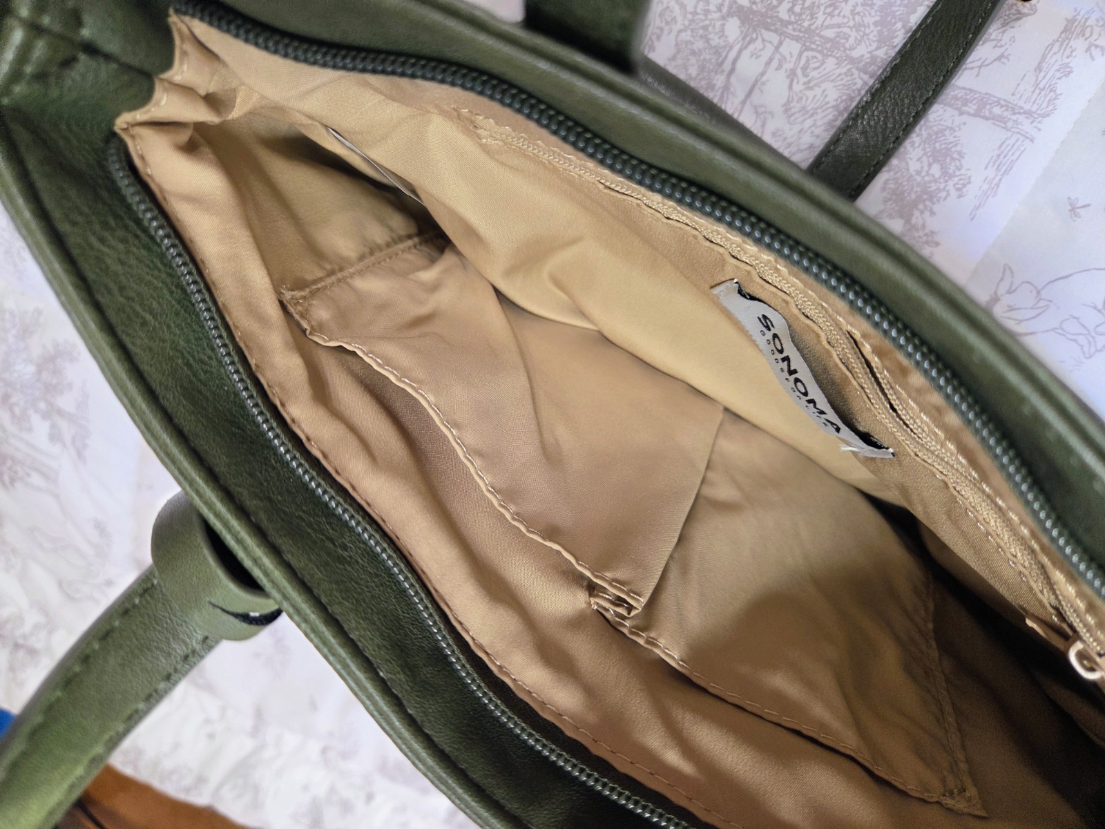 Sonoma Goods For Life Olive Green Mini Tote Zip Inner Pockets Detachable Strap