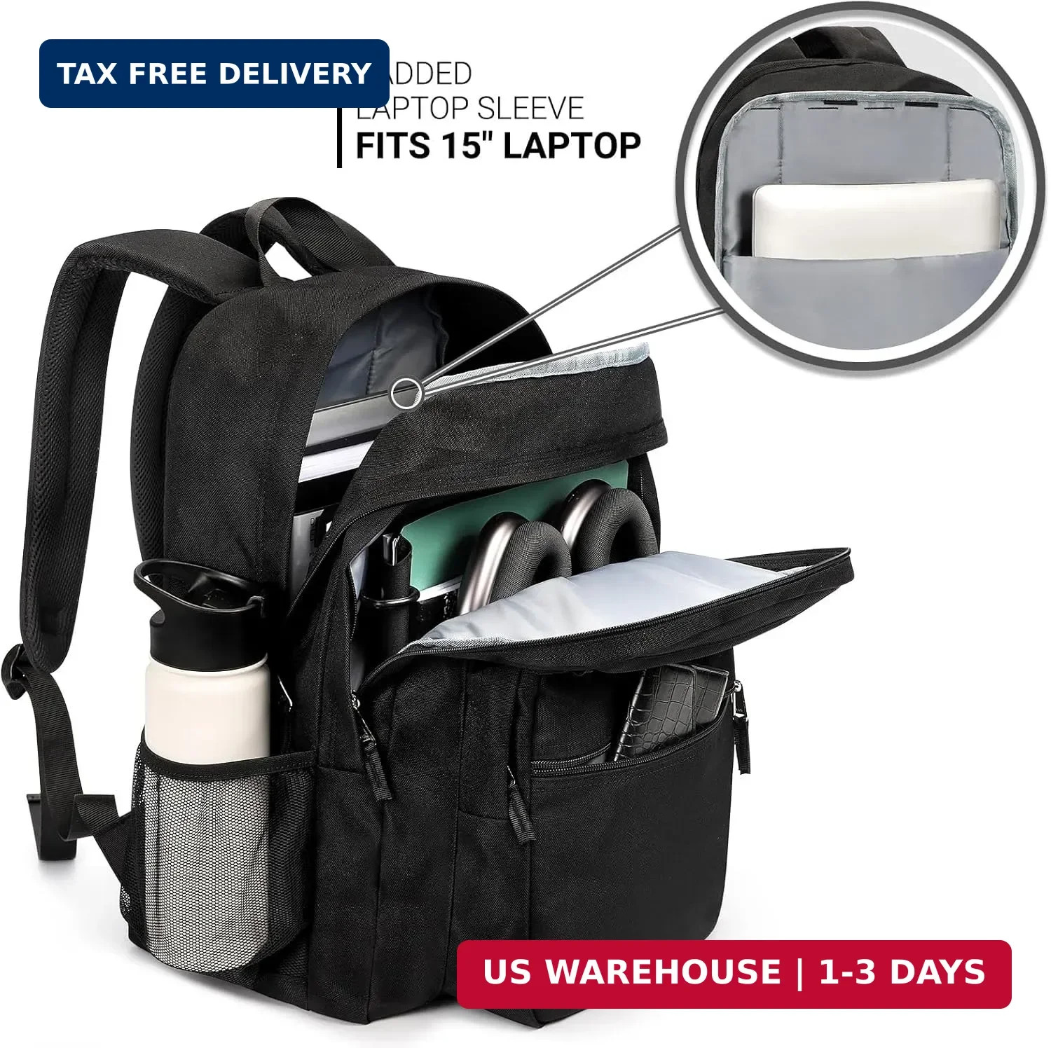 ZORFIN 26L Black Backpack for College, and Travel: Water Resistant Bookbag