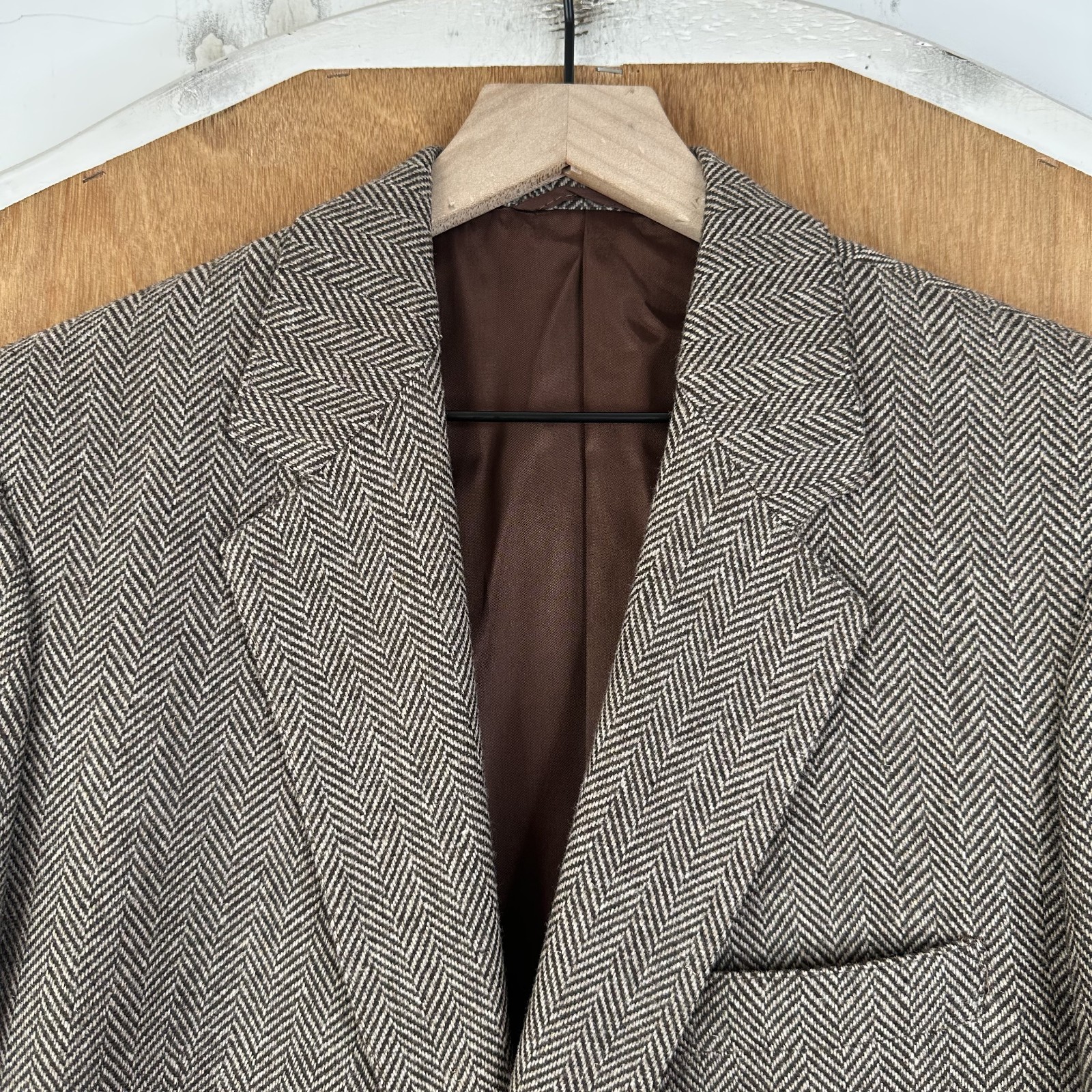 Bespoke Tweed Blazer Mens 40L Brown Herringbone 2 Button Wool Jacket Sport Coat