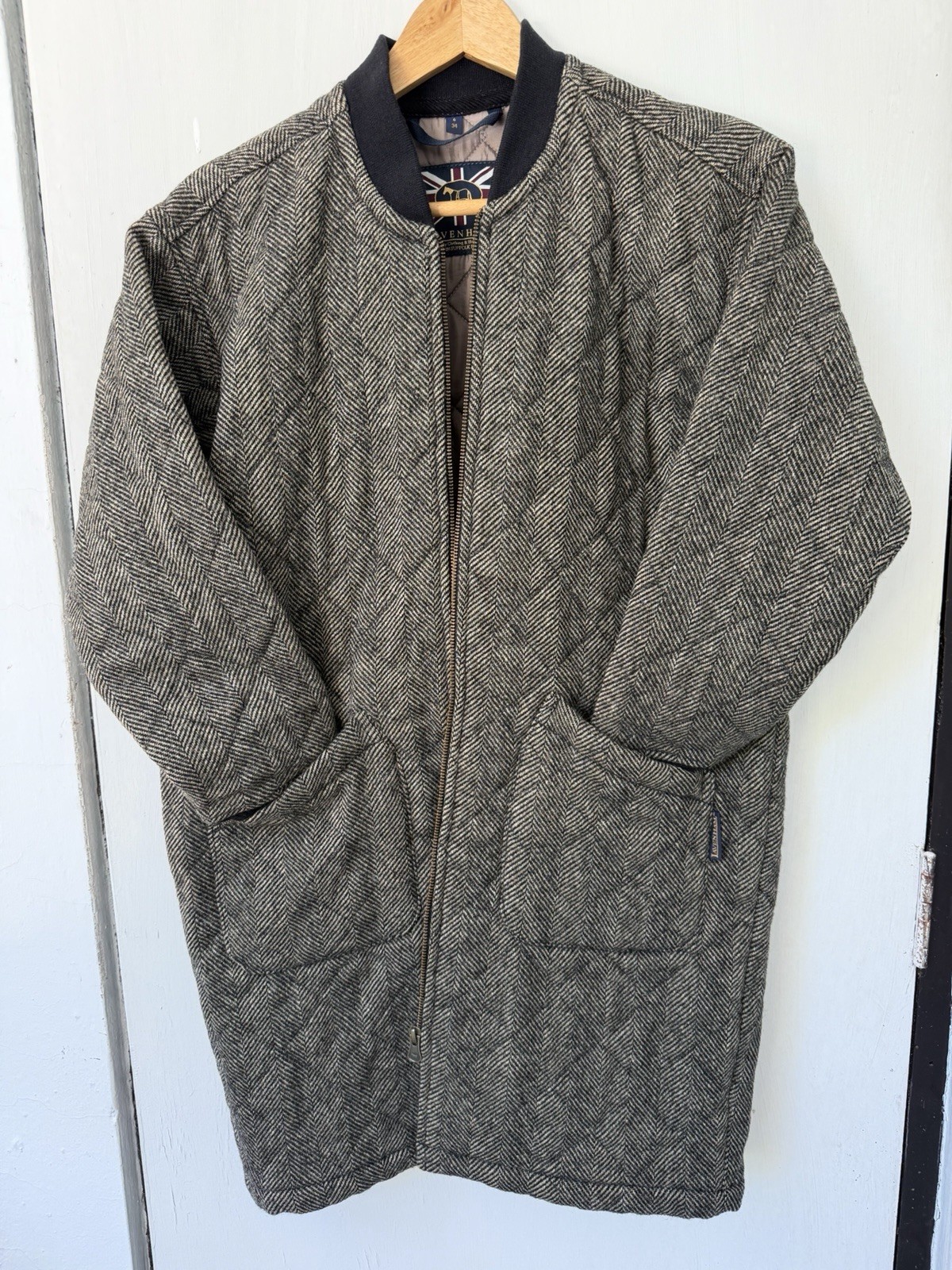 Lavenham Quilted Long Coat Jacket 6 34 Herringbone Made in England Tweed Bomber