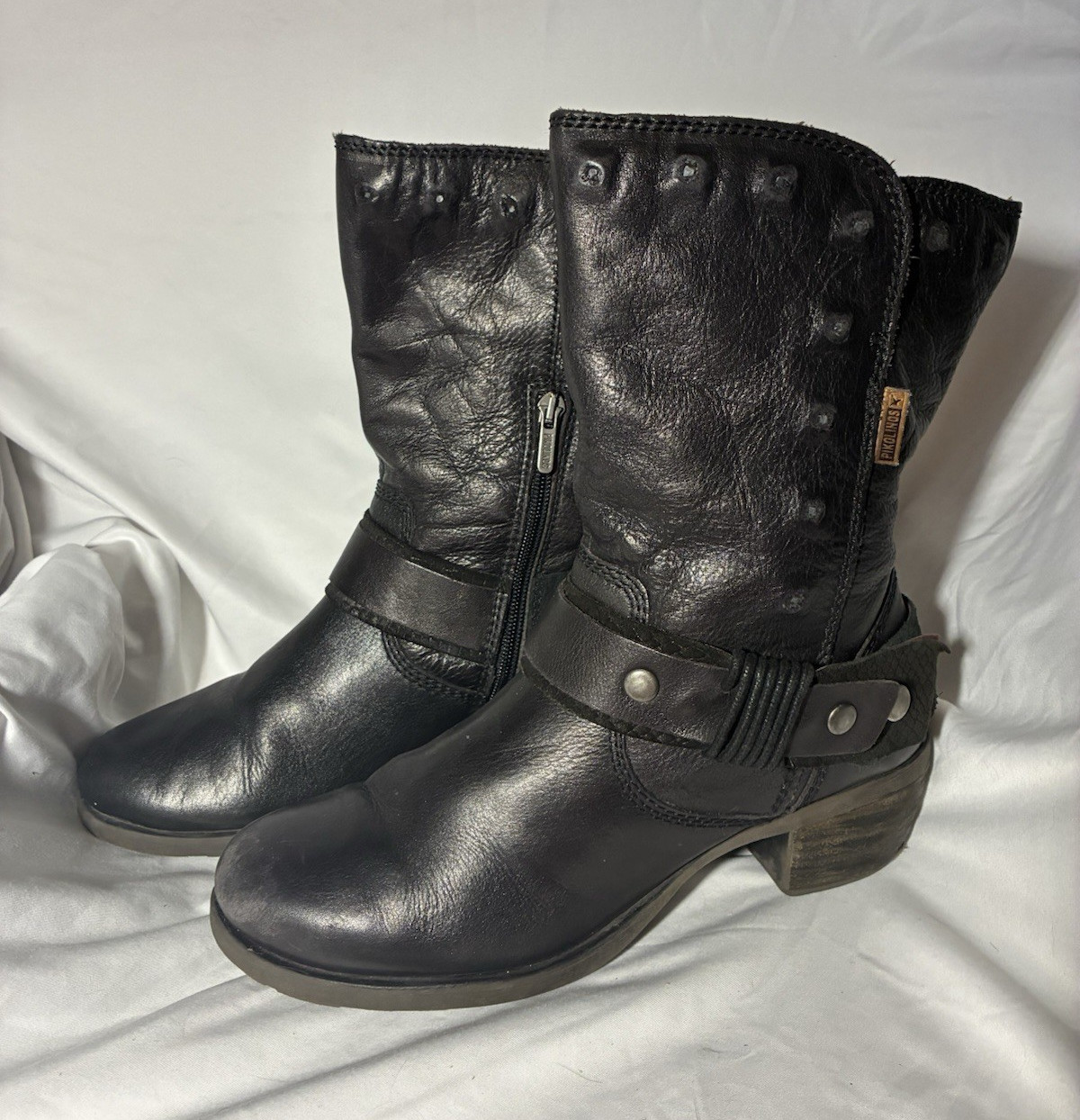 Pikolinos Women’s Black Leather Mid-Calf Bootie Side Zip Buckle Block Heel