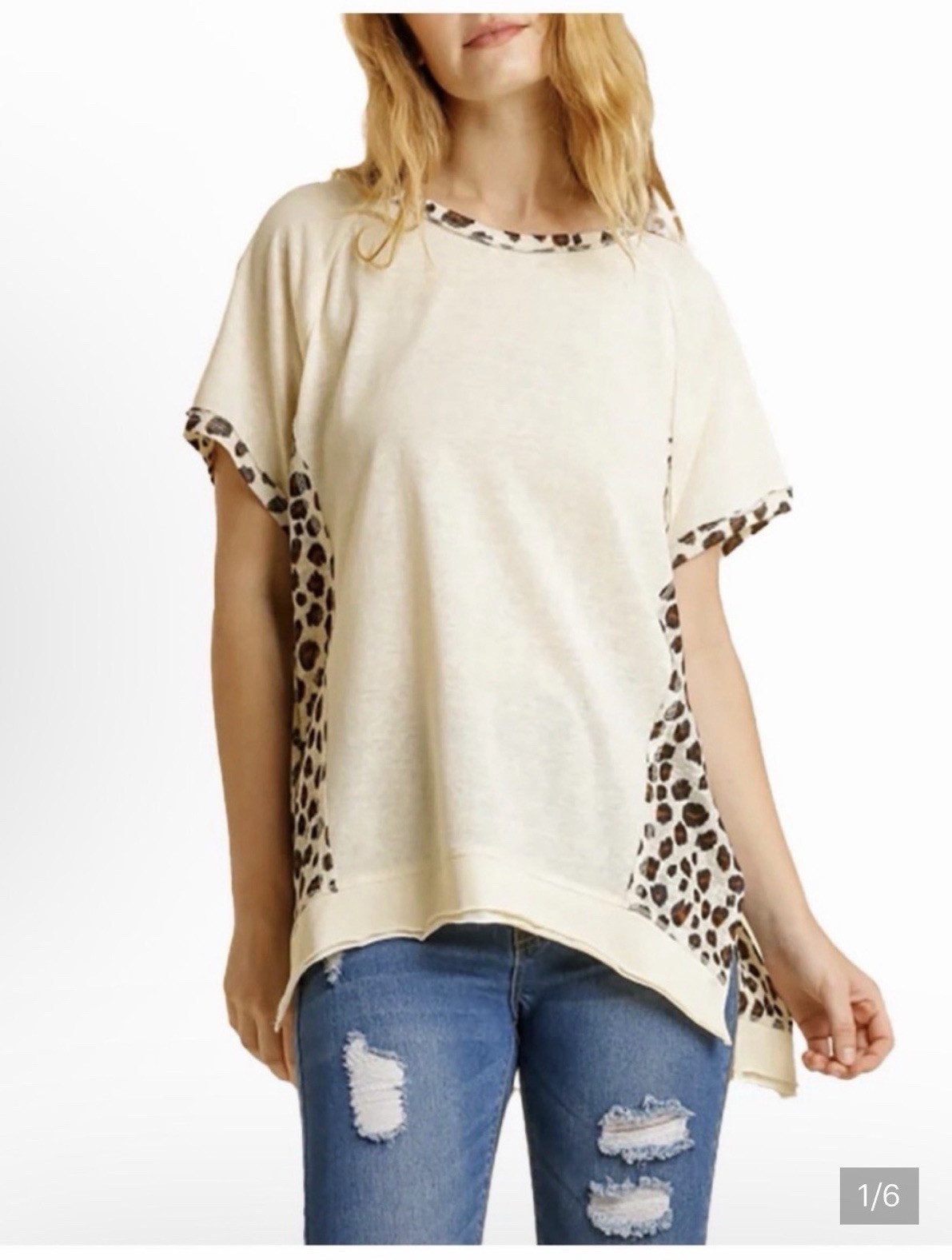 Umgee Women’s L Cream Leopard Contrast Knit Raglan Short Sleeve Tunic Blouse