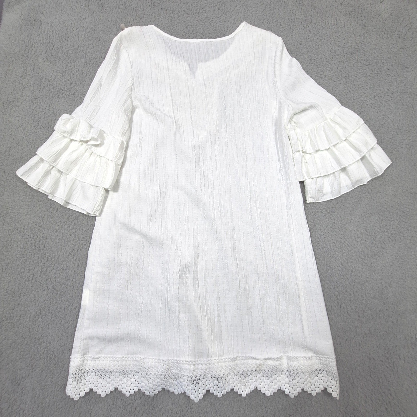 Boho Tunic Mini Dress Womens Small White Embroidered Pom Pom Ruffle Coverup