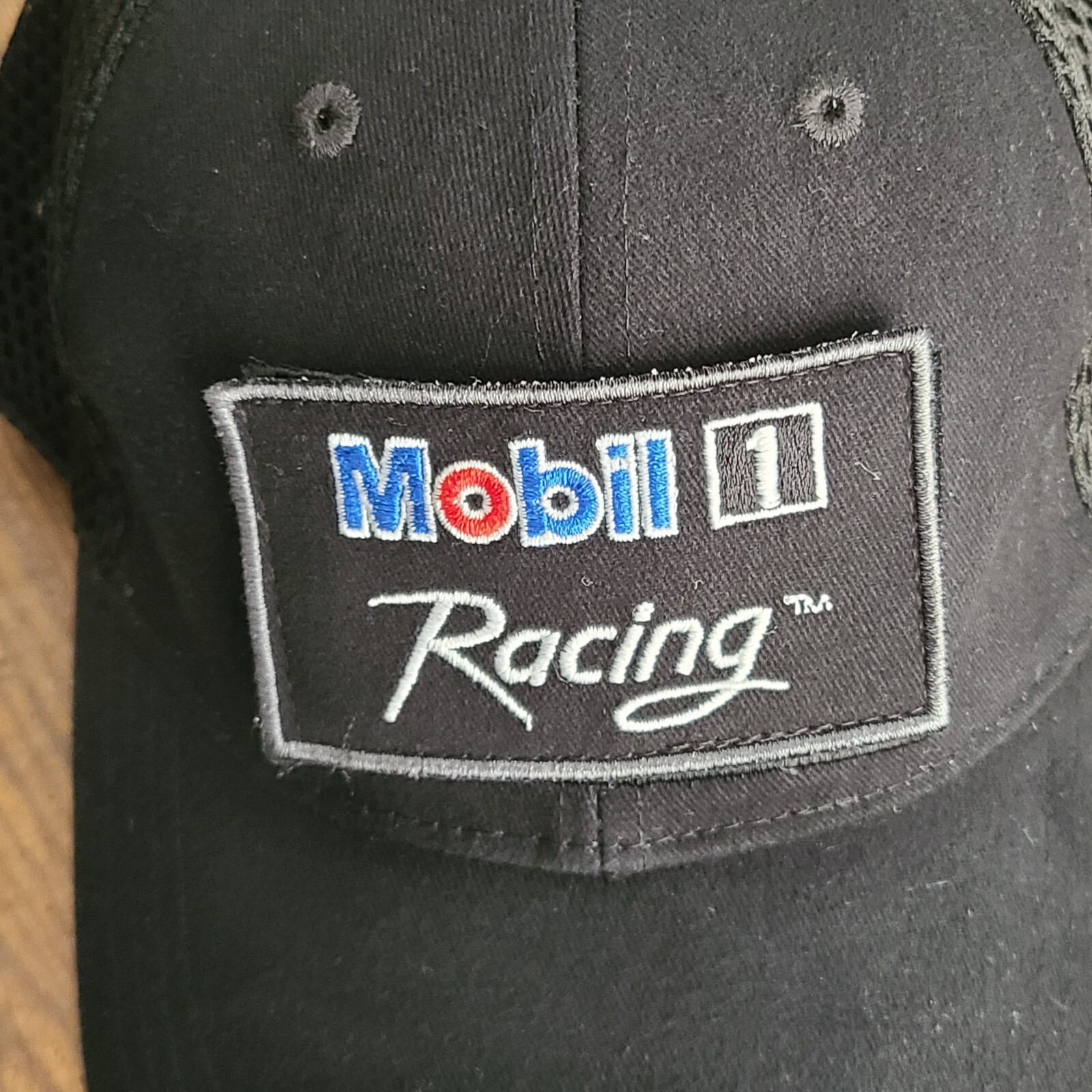 Mobil 1 Black Cap Adjustable Strap Back Hat Red White Blue Embroidered Letters