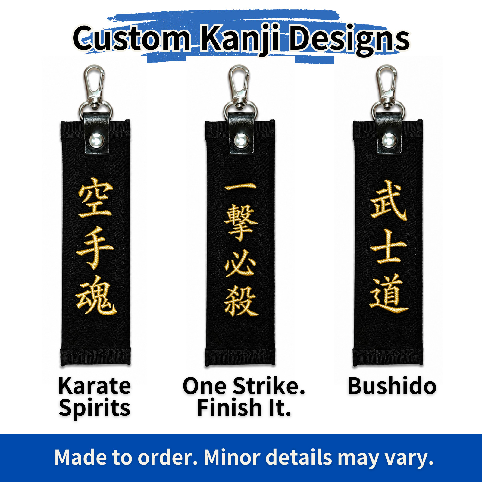 Custom Black Belt Keychain Personalized Kanji Karate Judo Gift Made in Japan