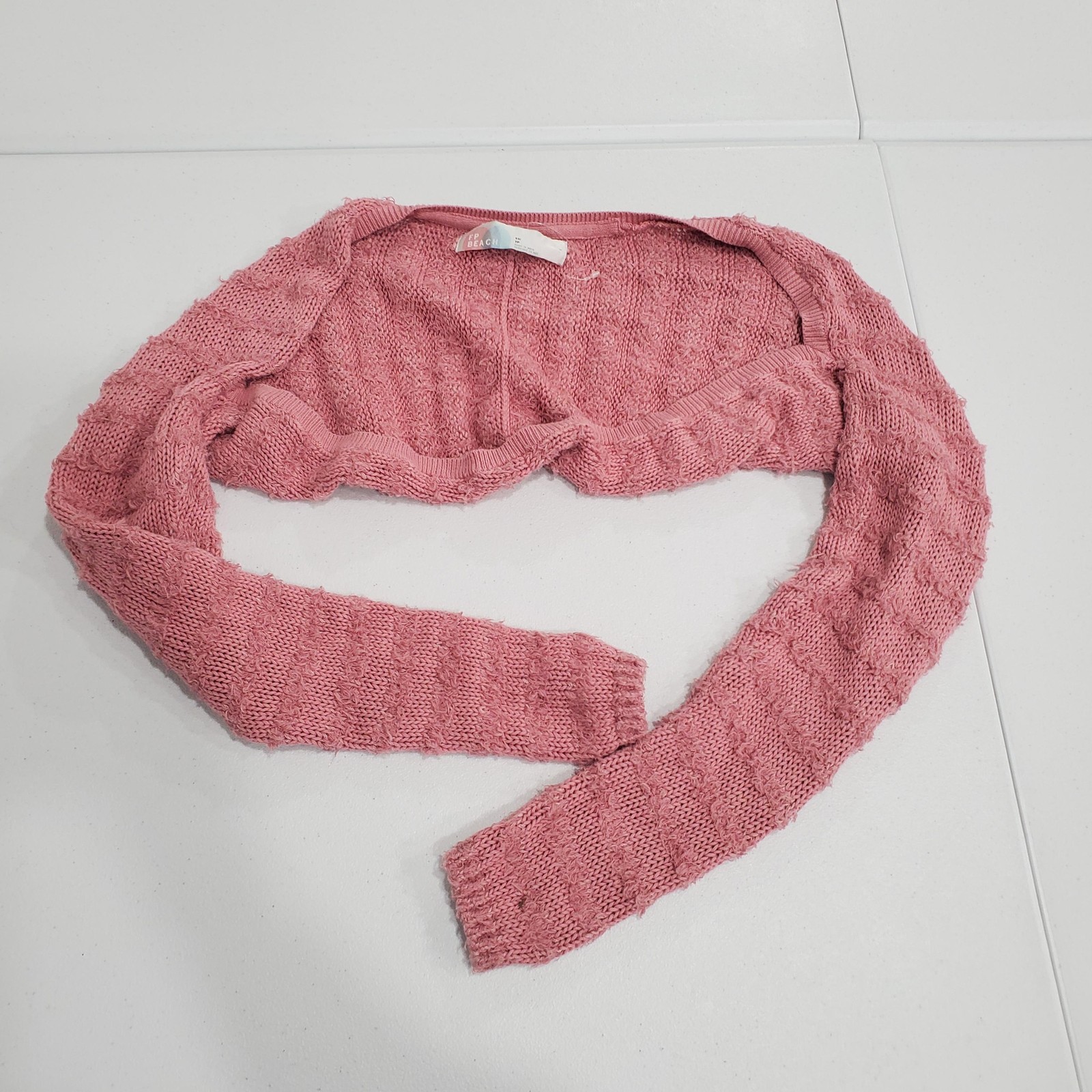 FP Beach Sweater Shrug Womens XS/S Pink Open Knit Bolero Long Sleeve Fairy Y2K