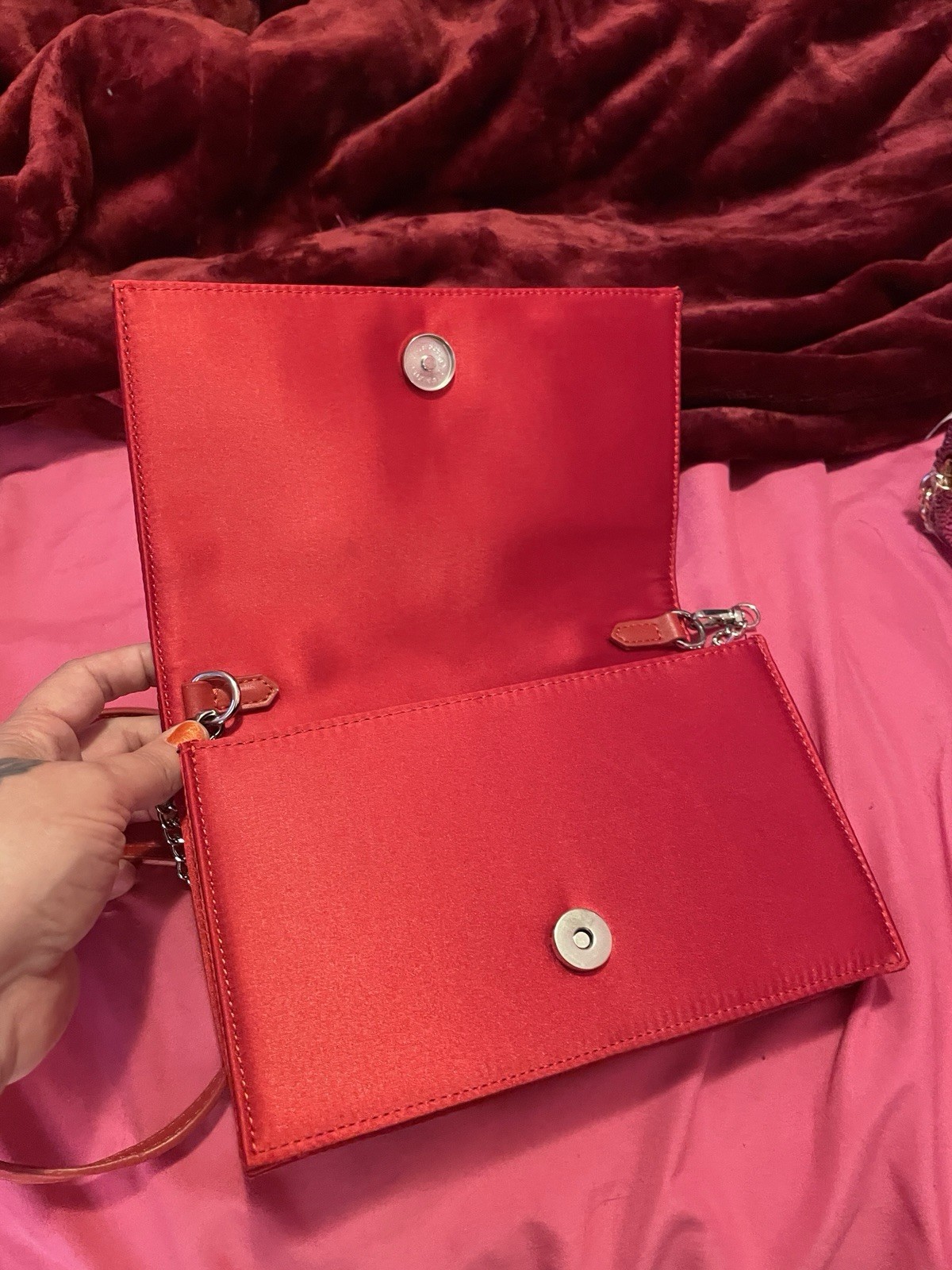 Betsey Johnson Red Satin Beaded Floral Clutch, Detachable Strap, Magnetic