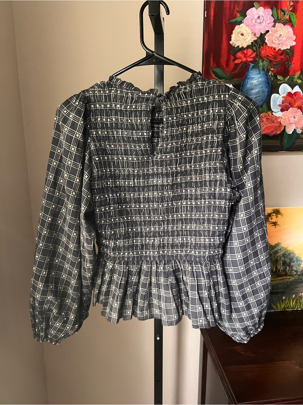 THE GREAT. Smocked Plaid Long-Sleeve Peplum Top