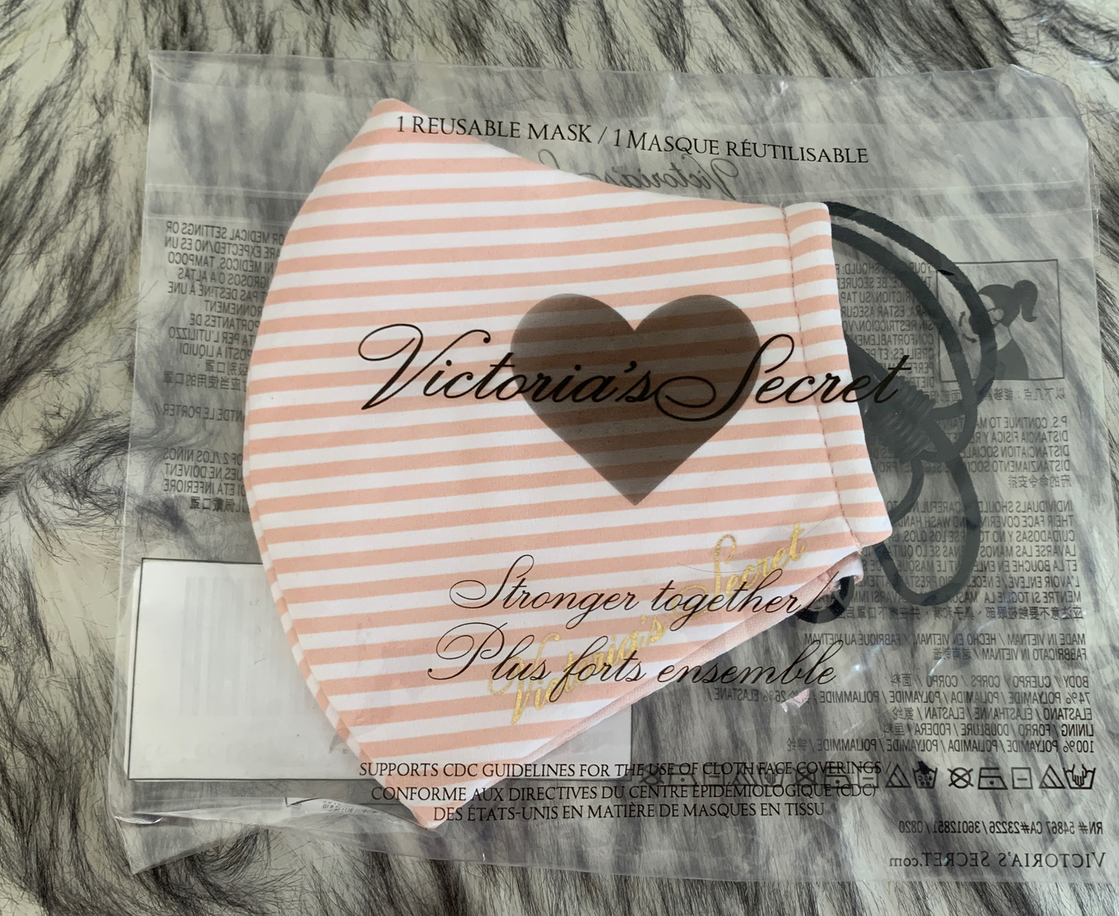 Victoria Secret Reusable Face Mask Pink White Stripe Adjustable Black Strap