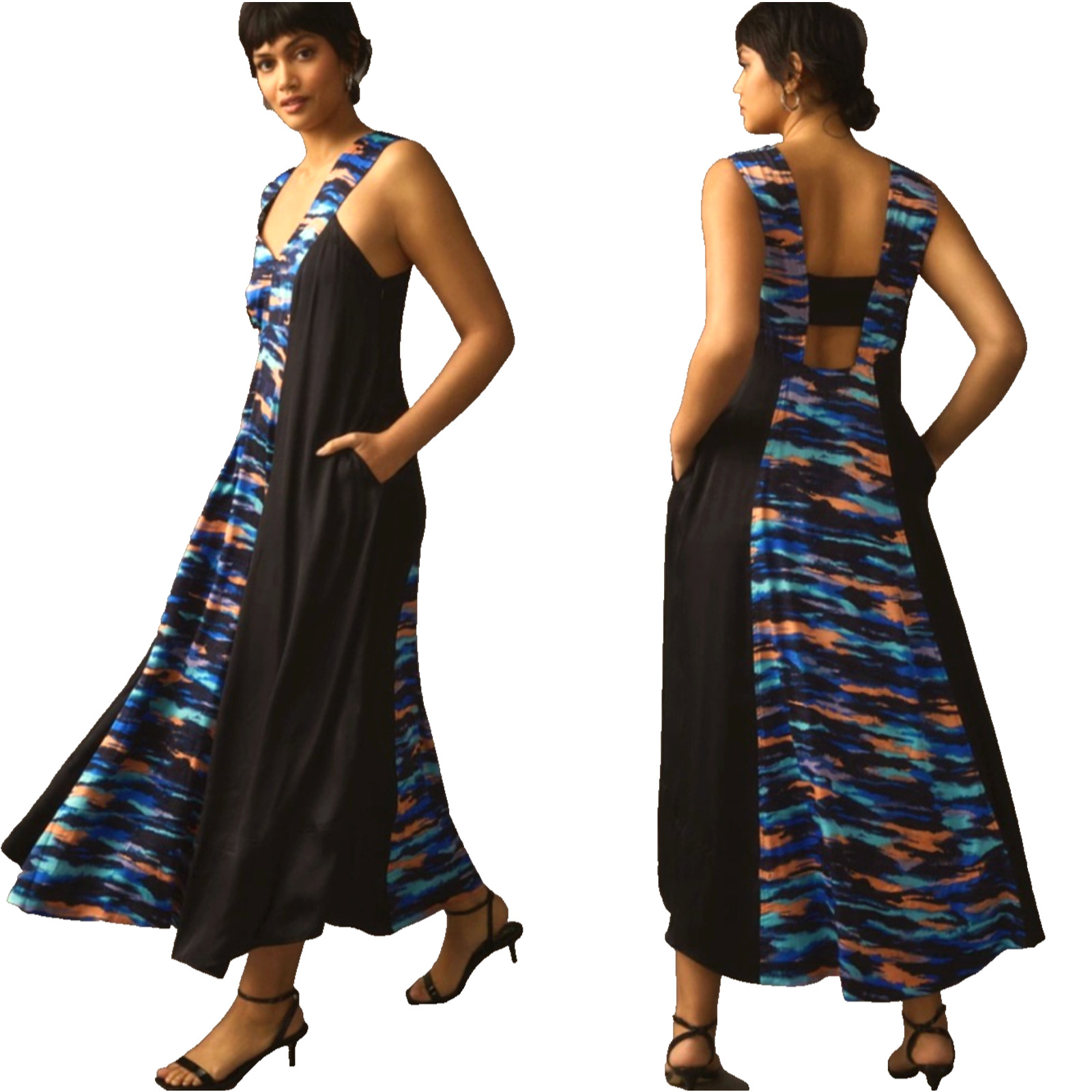 Anthropologie Maeve V-Neck Maxi Dress Black Abstract Runs Big Size 0/Small NWOT