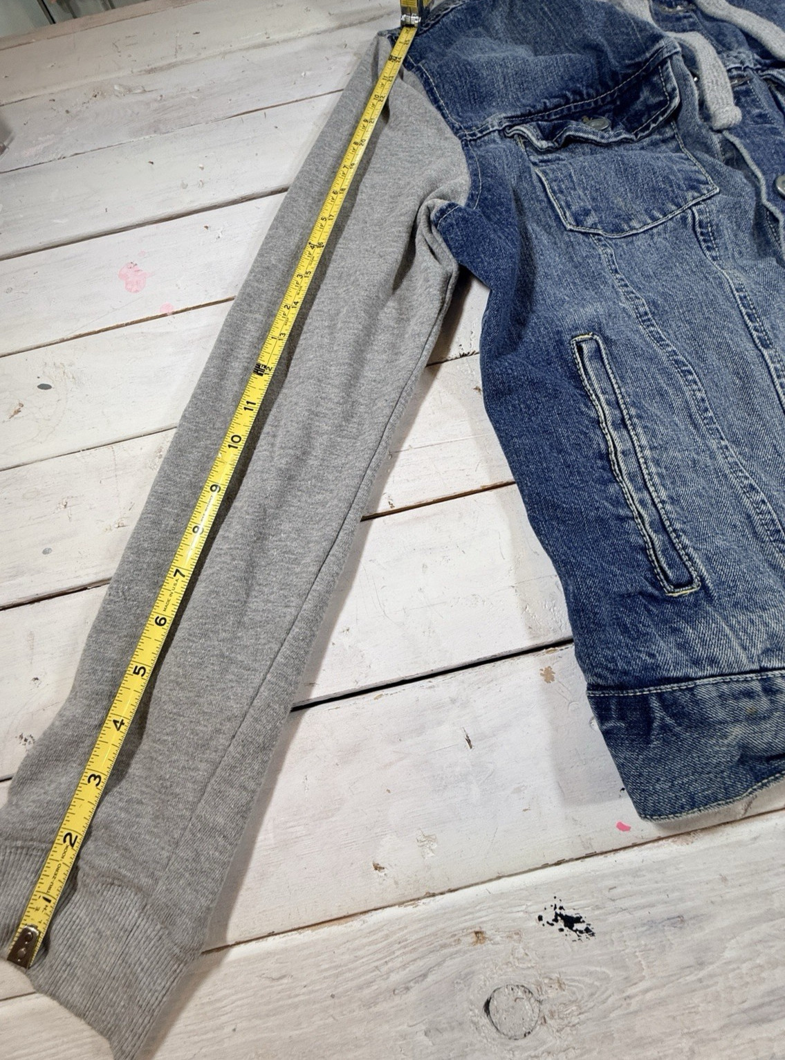 Arizona Jean Hooded Jacket Sz S Denim Button Up Blue Hybrid Trucker Distressed