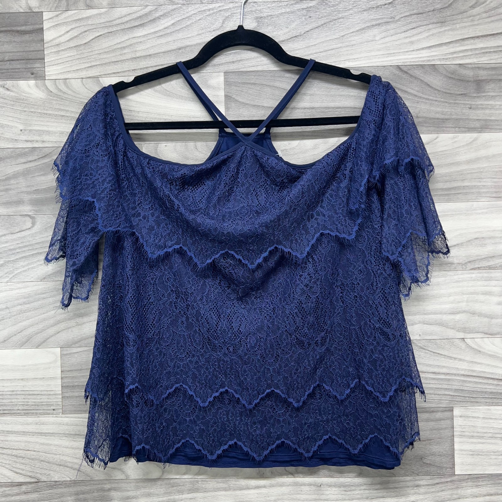 White House Black Market Blouse Women Small Blue Lace Overlayed Off The Shoulder