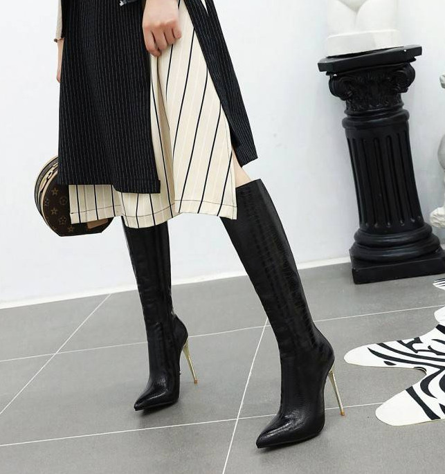 Plus Size Womens Pointy Toe Snake Pattern Stiletto Heels Knee High Boots Fashion