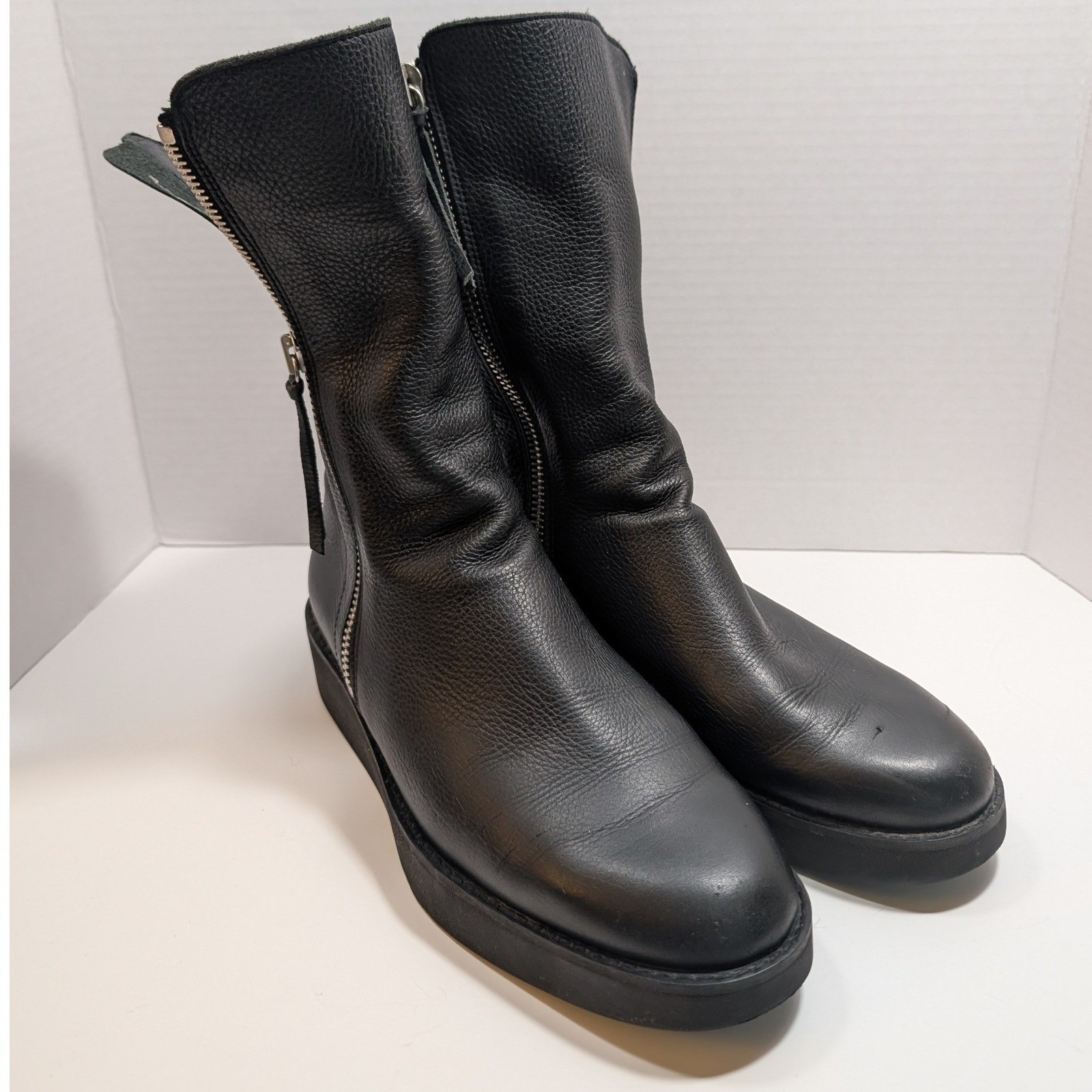 Arche Leather Zipper Platform Ankle Boots Black Pebbled Wedge Women 40 Moto Euro