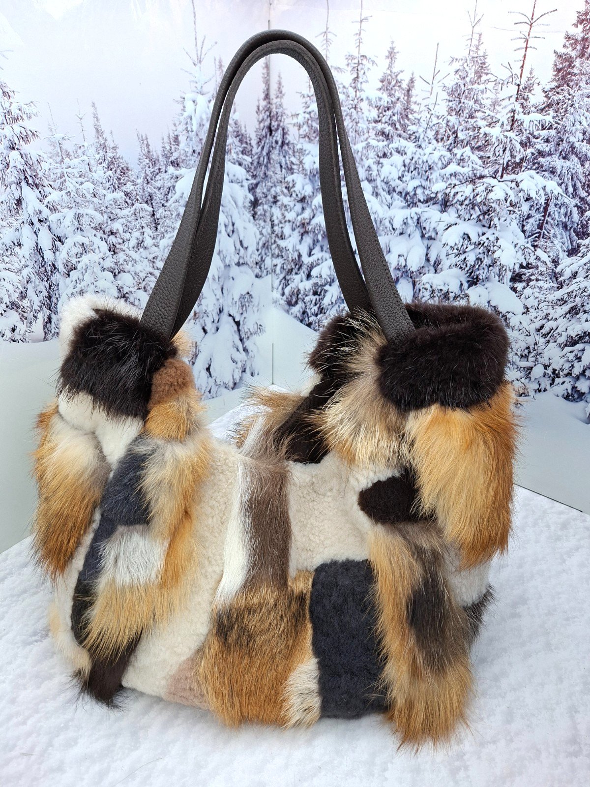 Real fur tote bag Patchwork Big fur shopper bag Women purse Gift for women